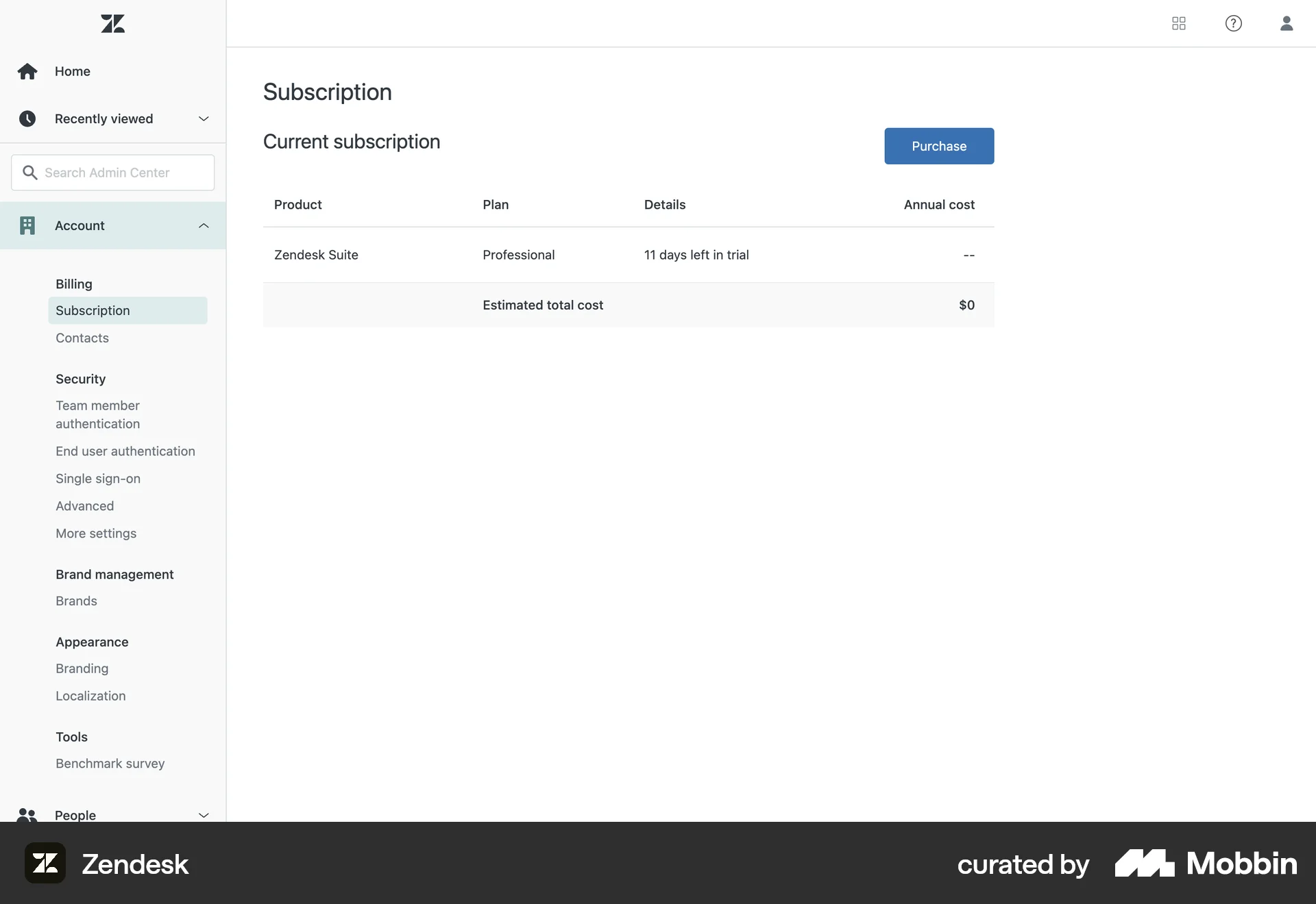 Zendesk Web Billing screen