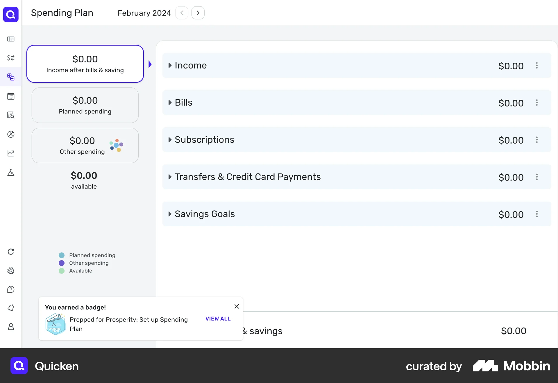 Quicken Web Achievements & Awards screen