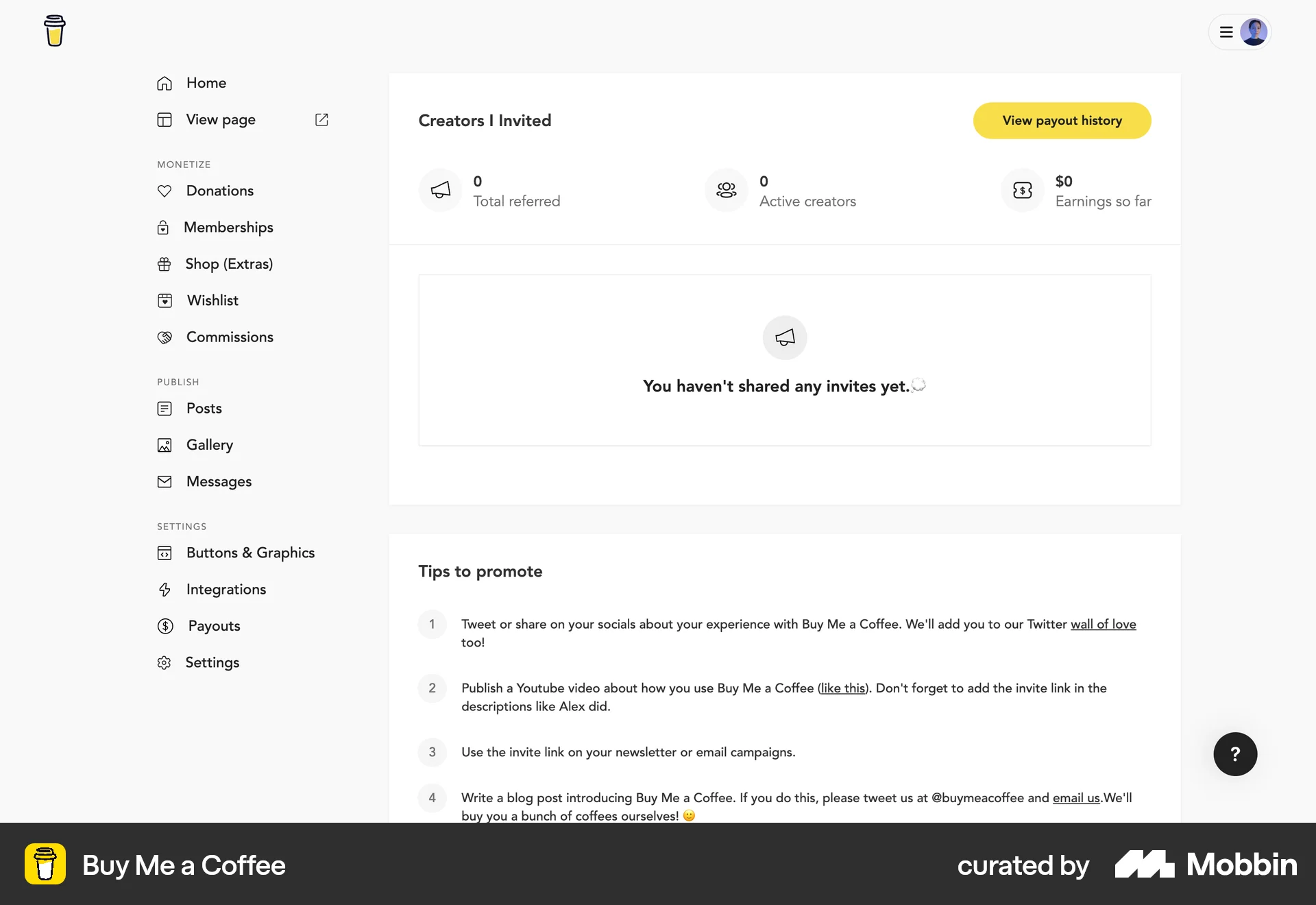 Buy Me a Coffee Web Invite & Refer Friends screen