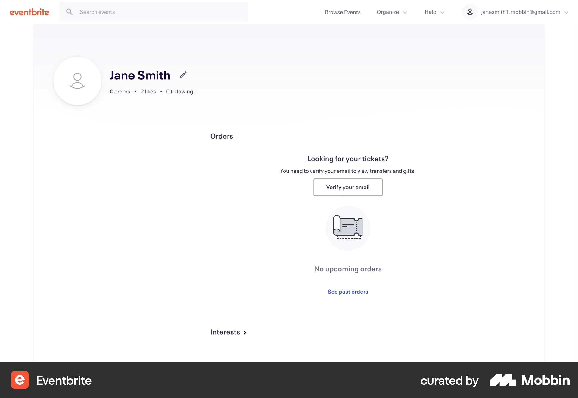 Eventbrite Web Order History screen