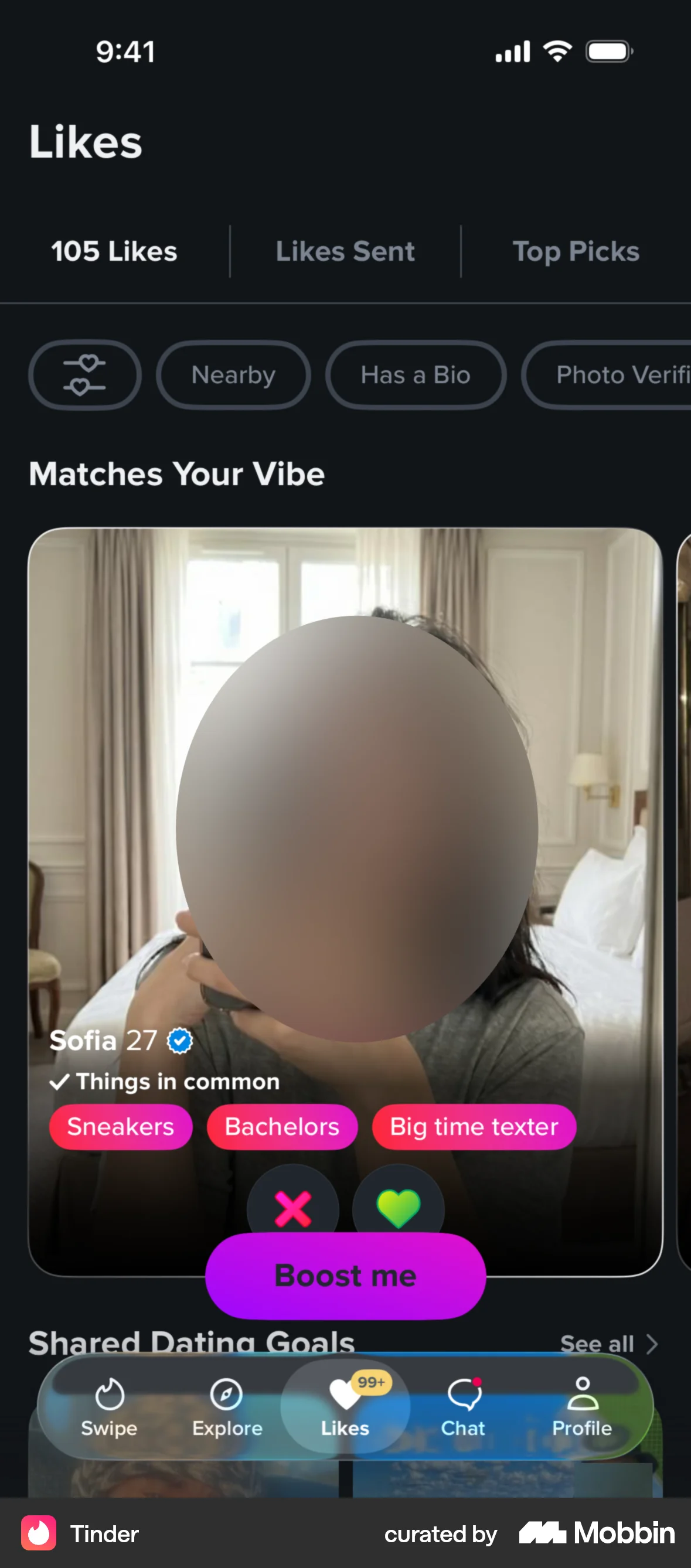 Tinder iOS Dark Mode screen