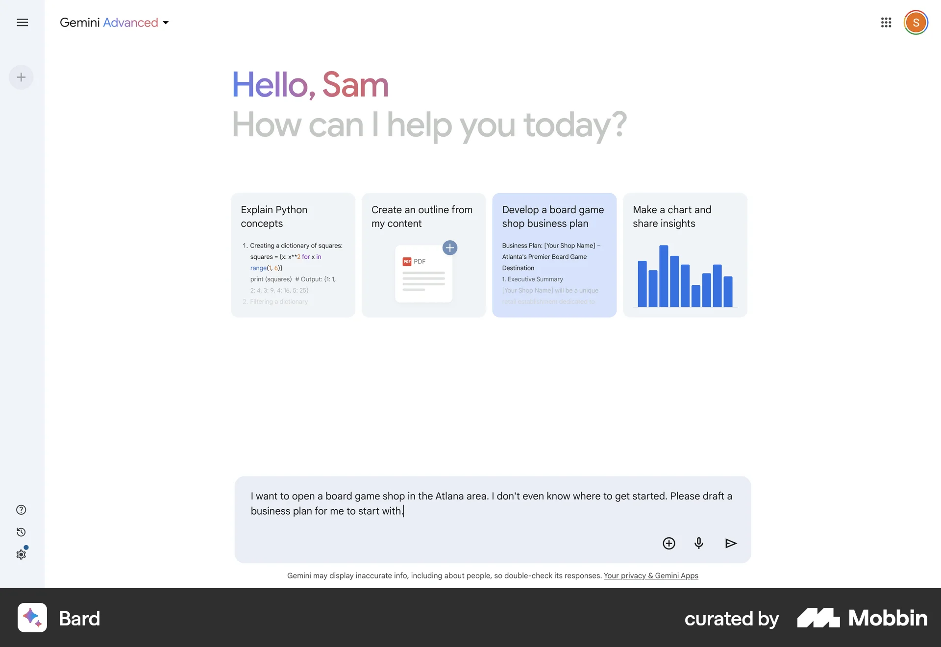 Google Gemini Web screen containing Tile UI element