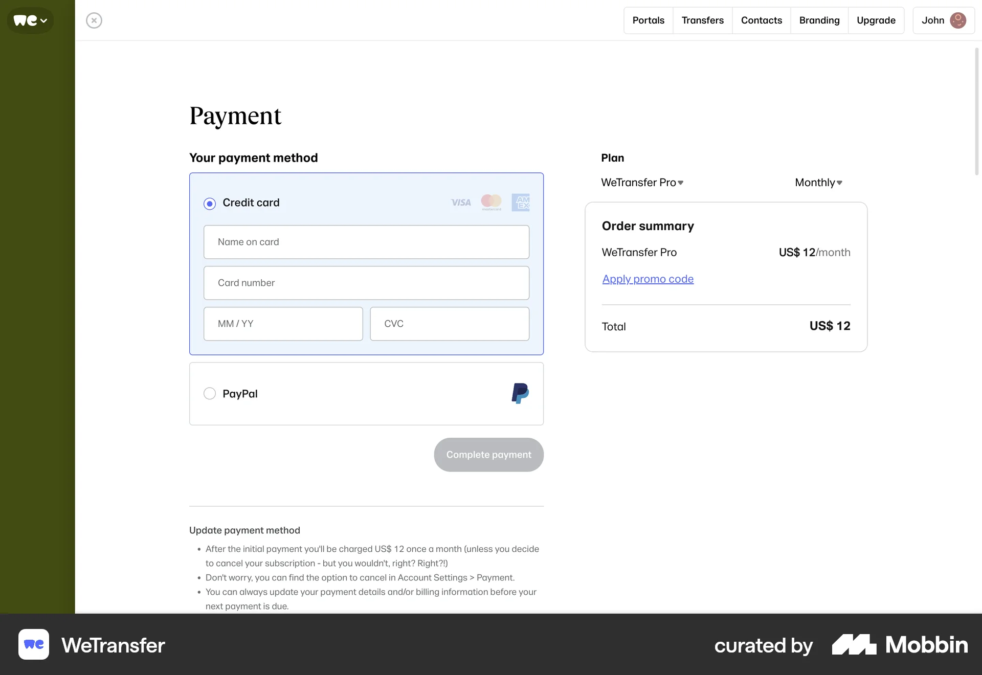 WeTransfer Web Payment Method screen