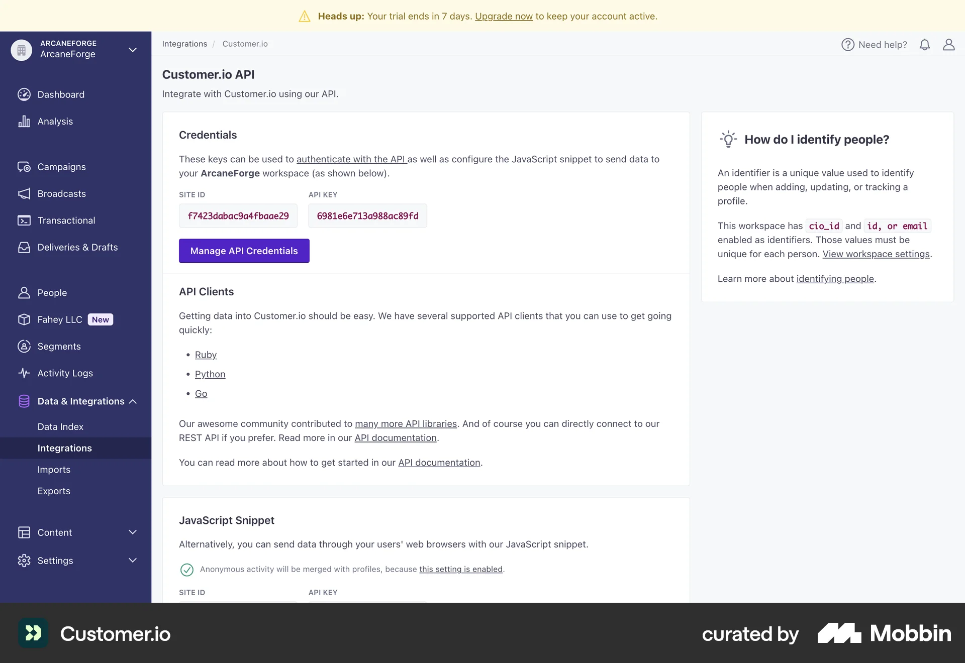 Customer.io Web Misc screen