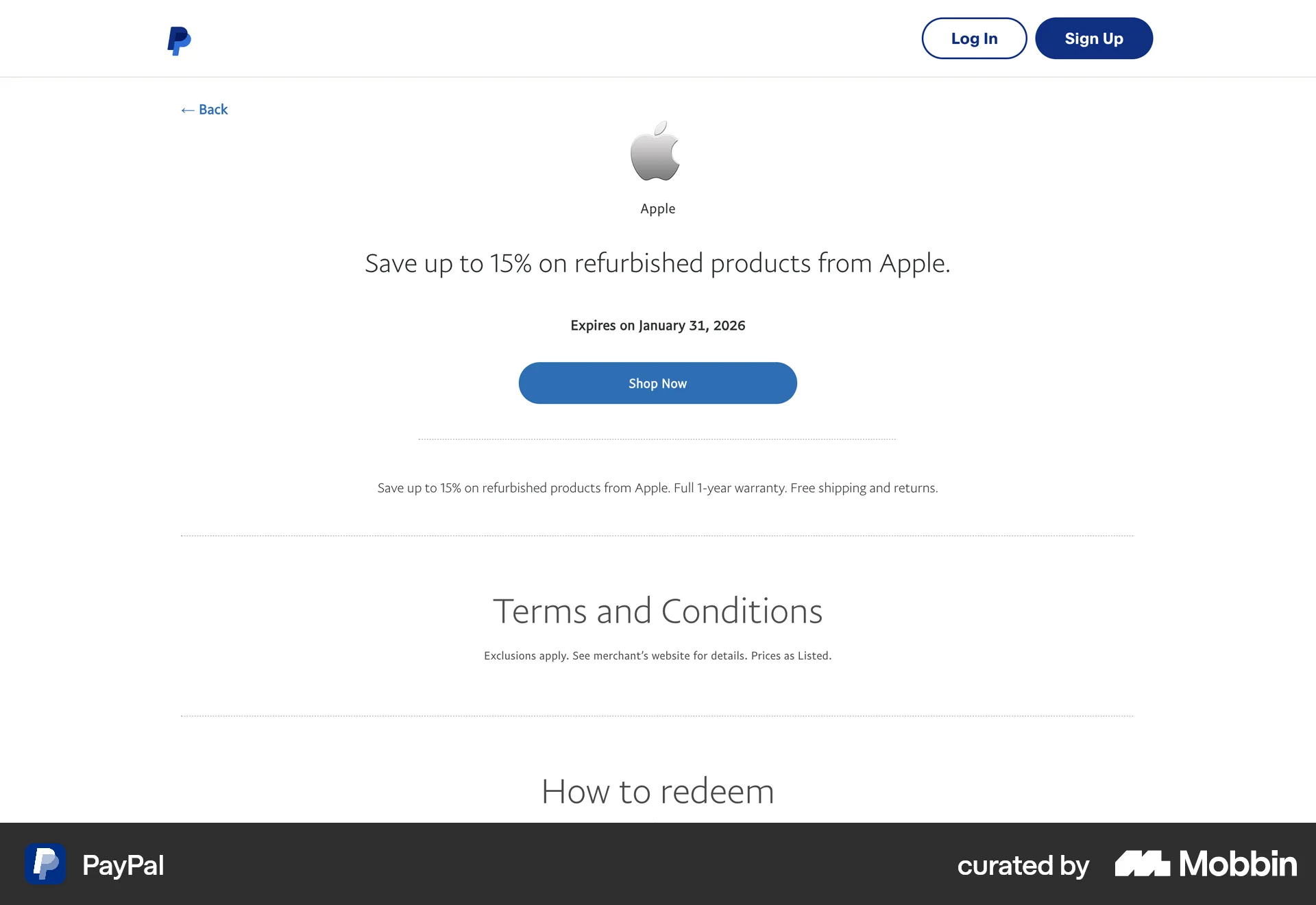 PayPal Web Promotions & Rewards screen