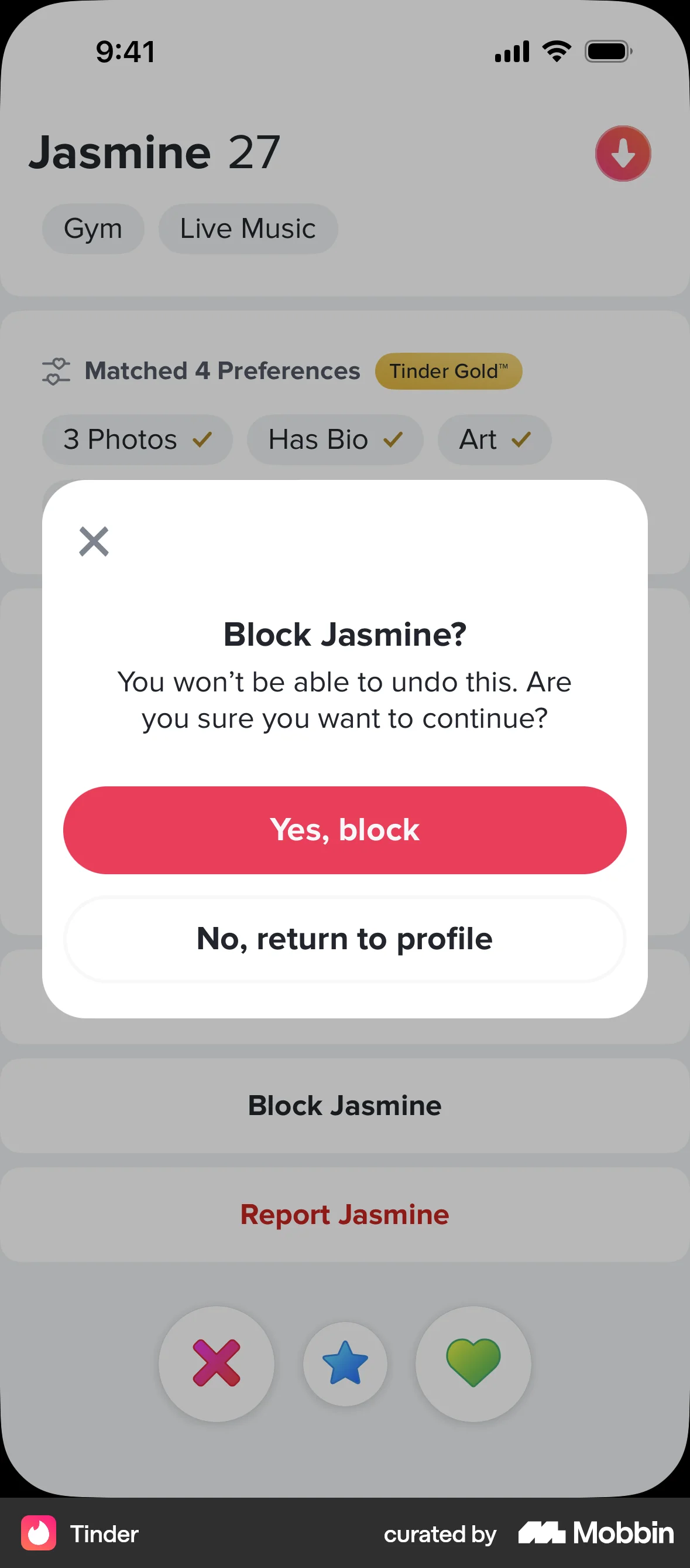 Tinder iOS Confirmation screen