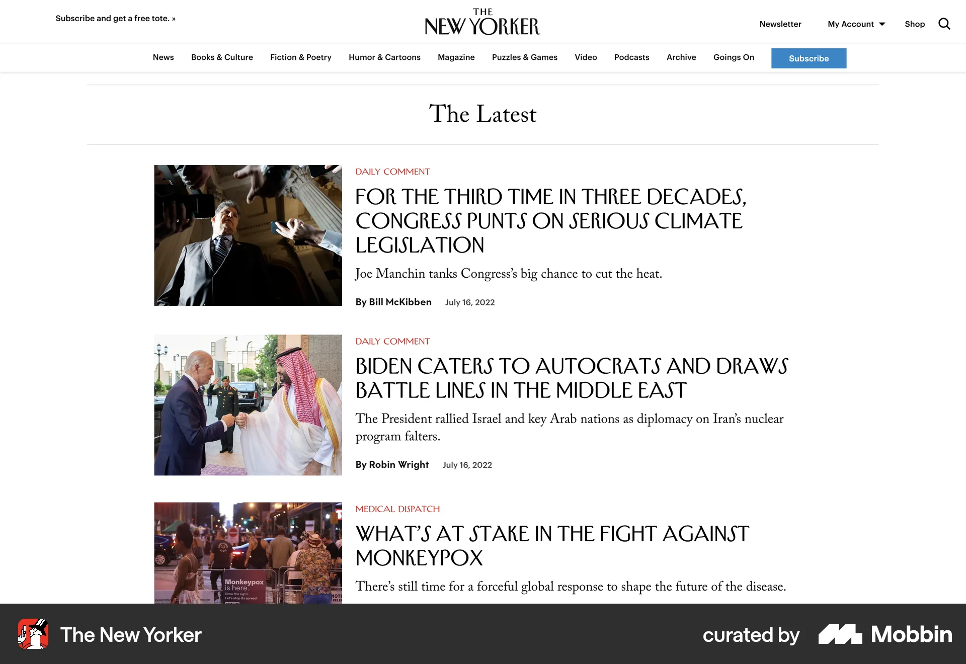 The New Yorker Web News Feed screen