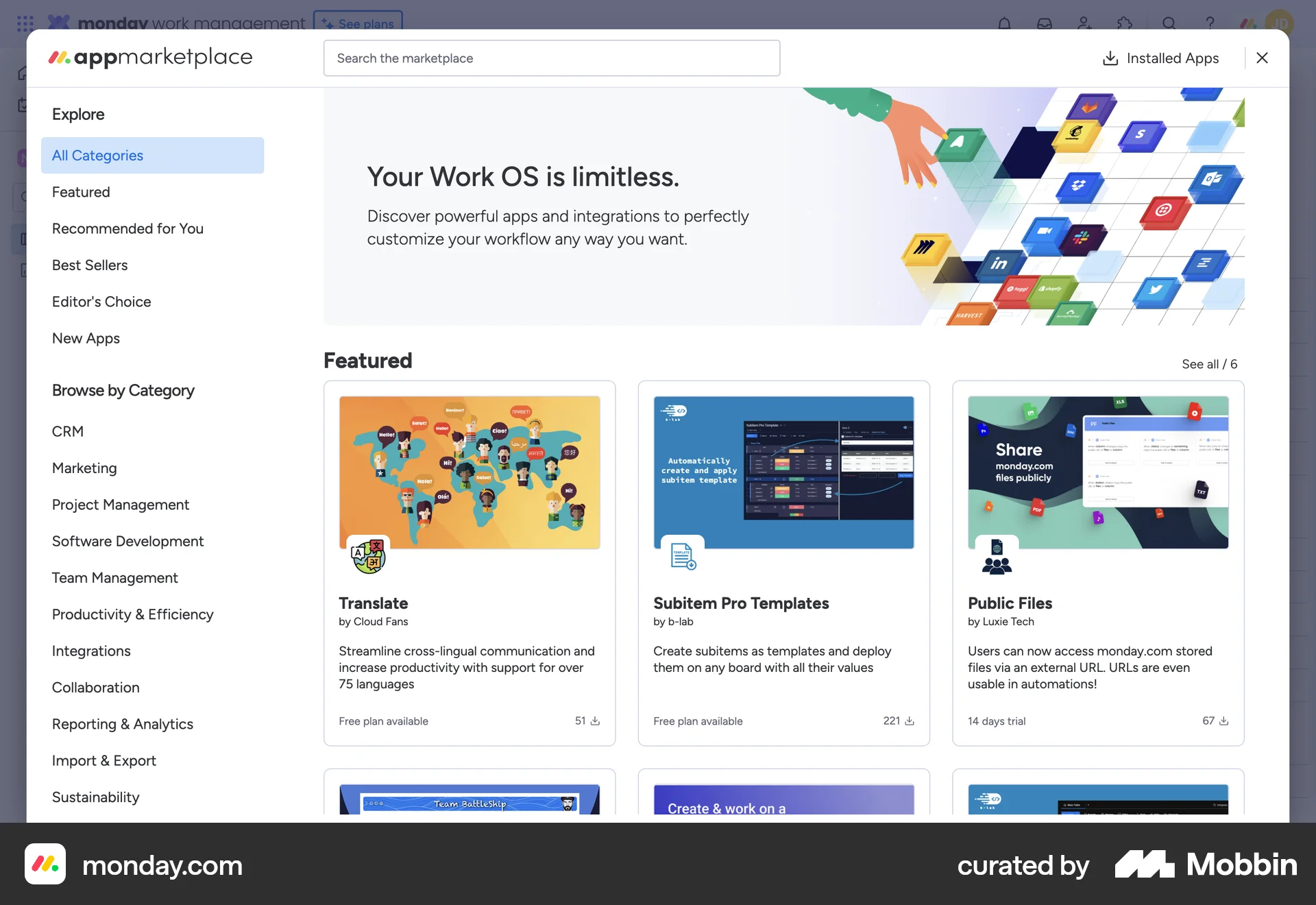 monday.com Web Browse & Discover screen