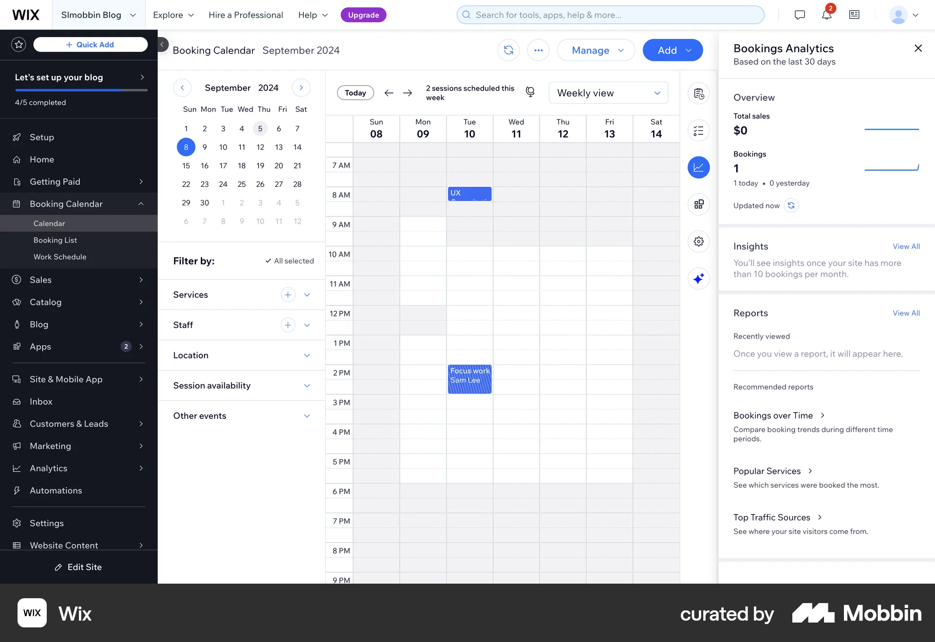 Wix Web Calendar screen