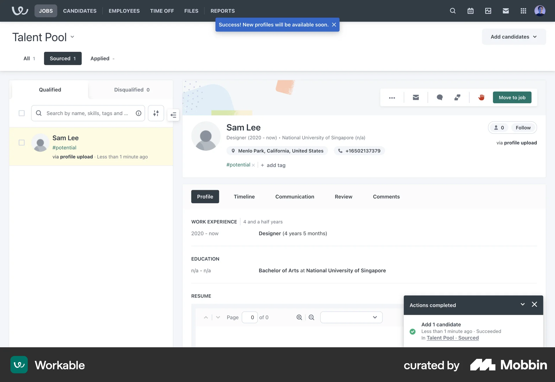 Workable Web screen containing Toast UI element