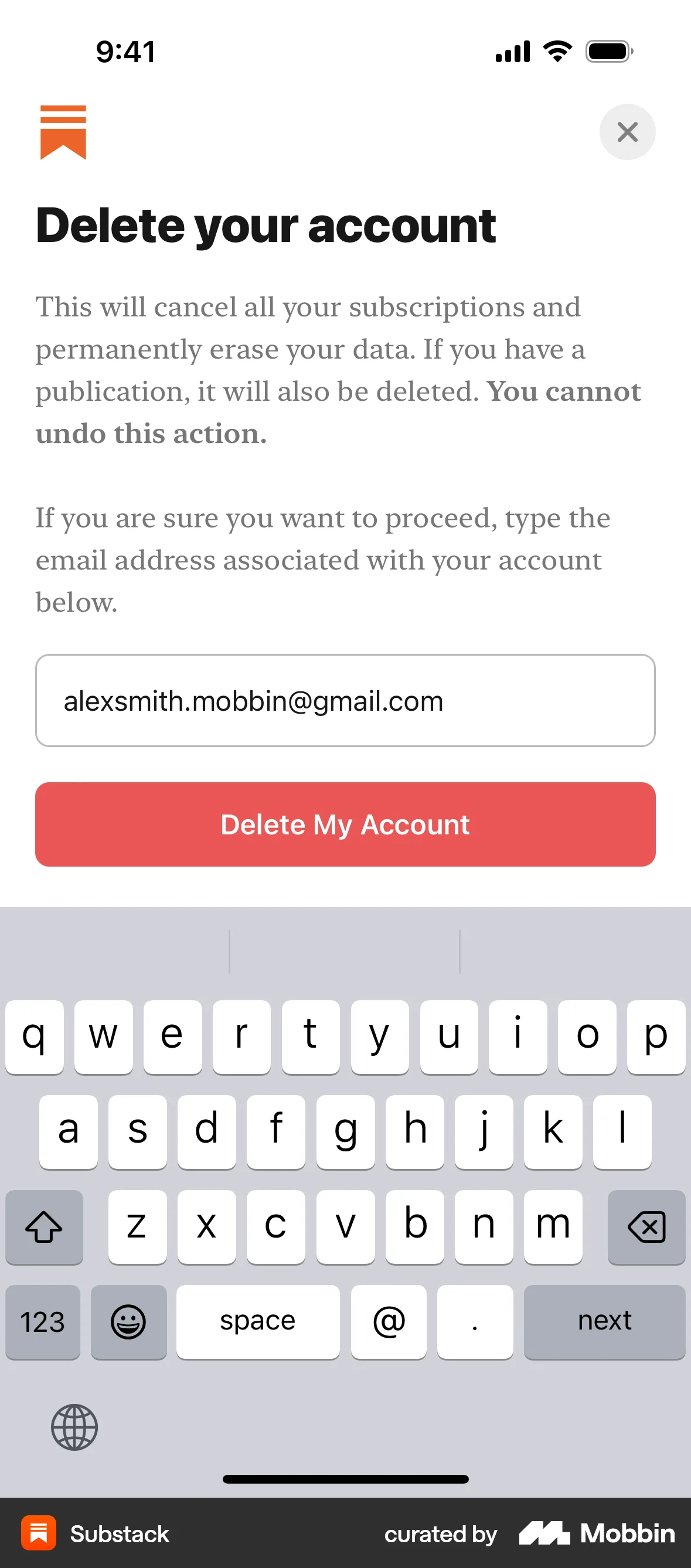 Substack iOS Delete & Deactivate Account screen
