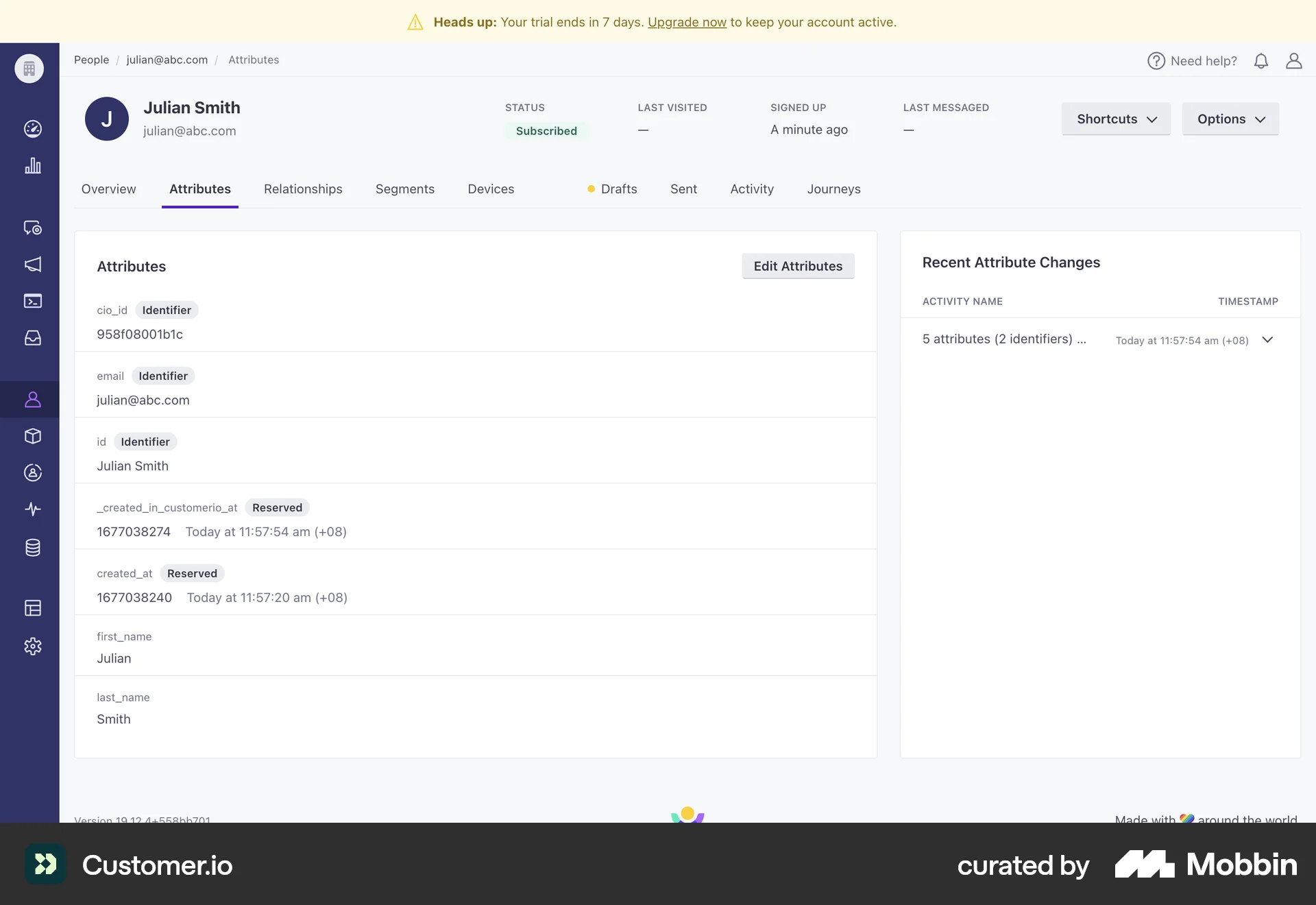 Customer.io Web User / Group Profile screen