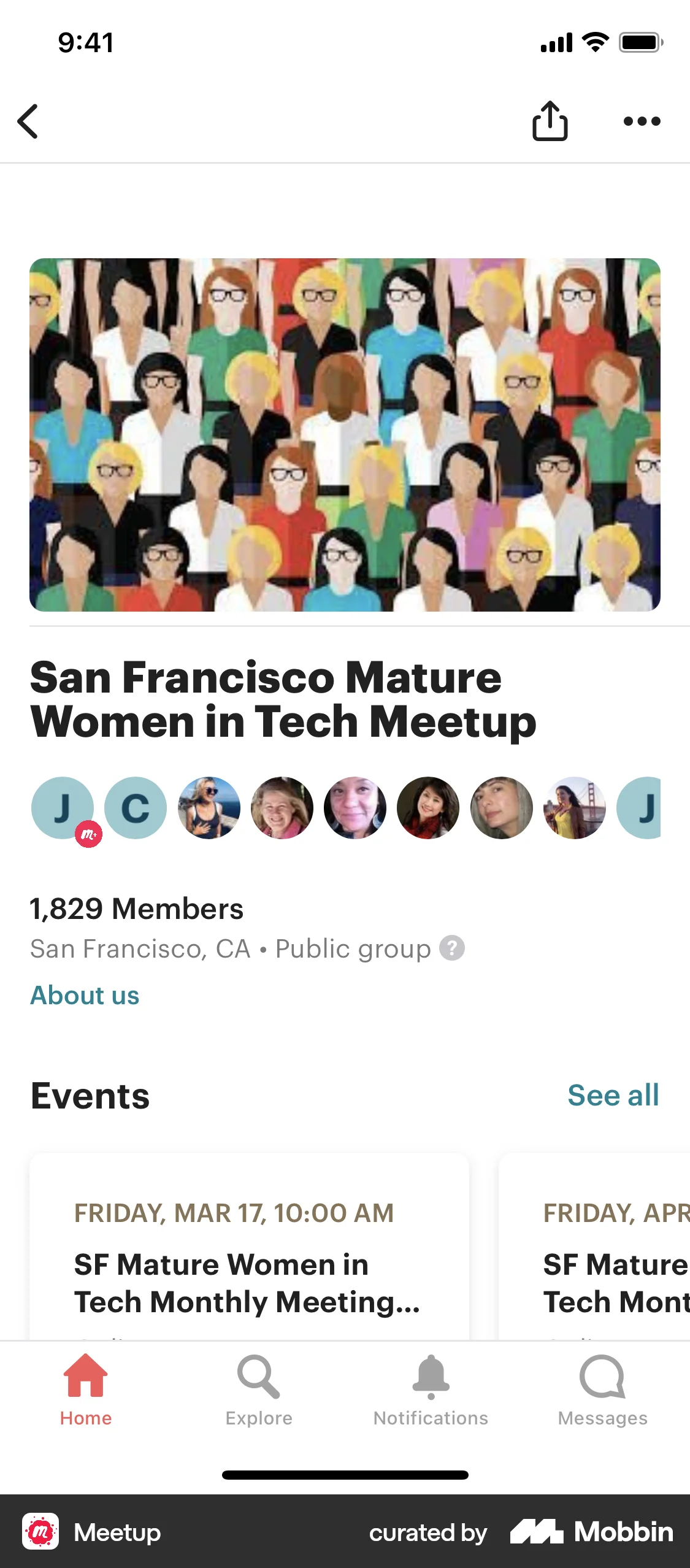 Meetup iOS User / Group Profile screen