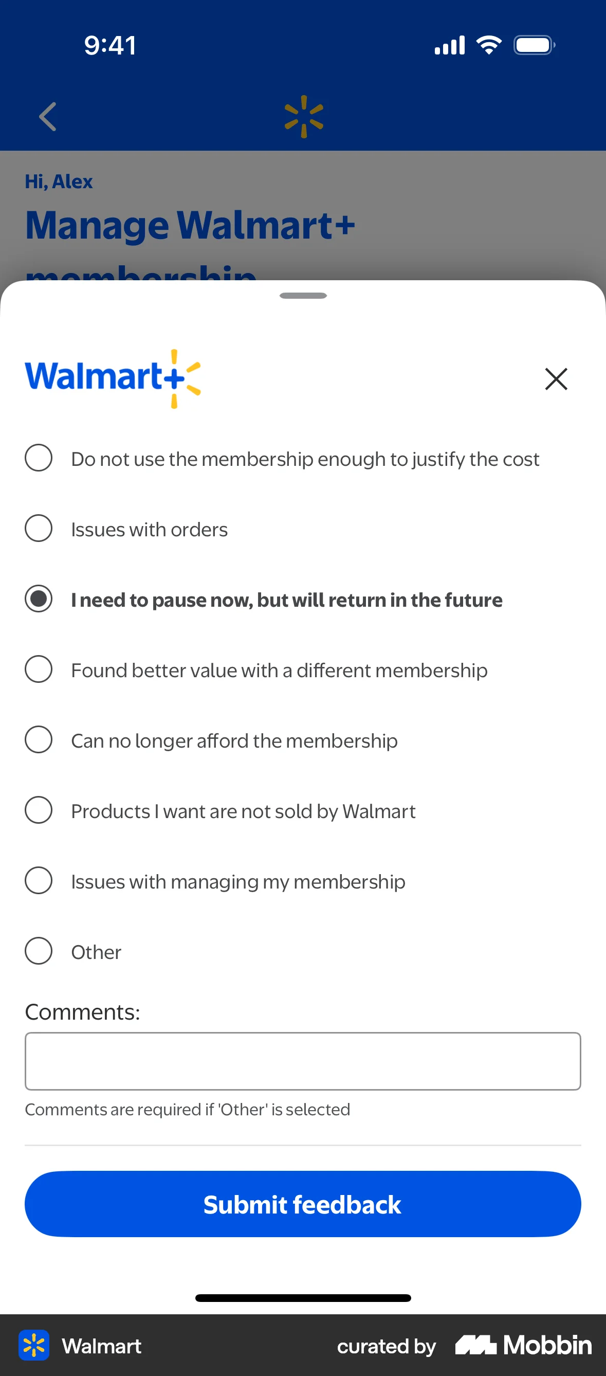 Walmart iOS Feedback screen