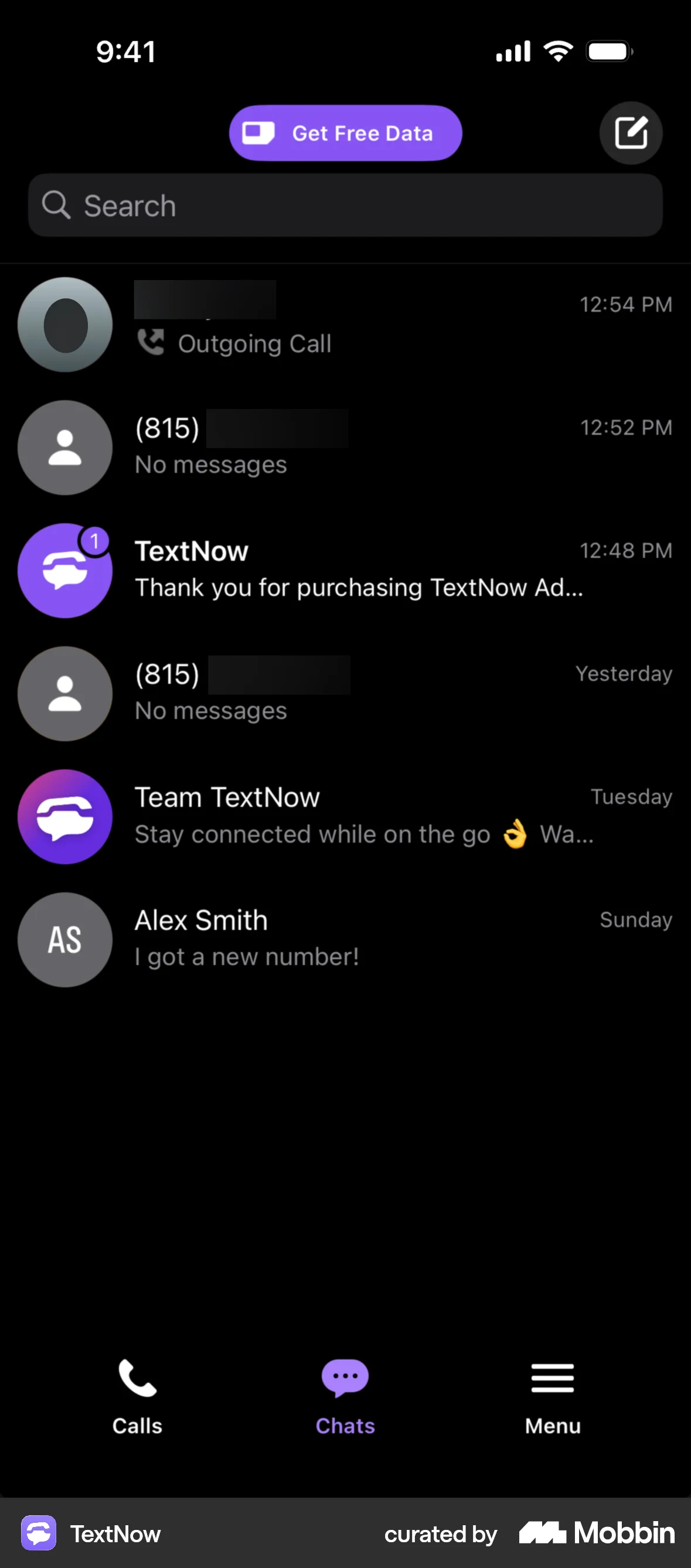 TextNow iOS Dark Mode screen