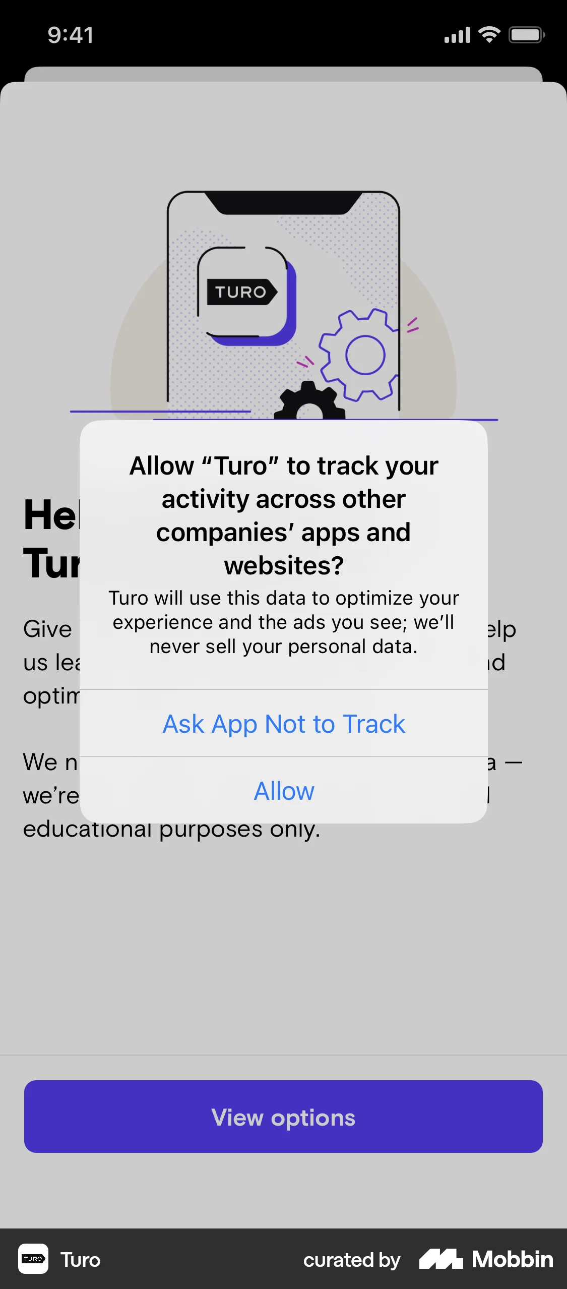 Ios System Prompt Turo iOS Cross-app tracking prompt | Mobbin