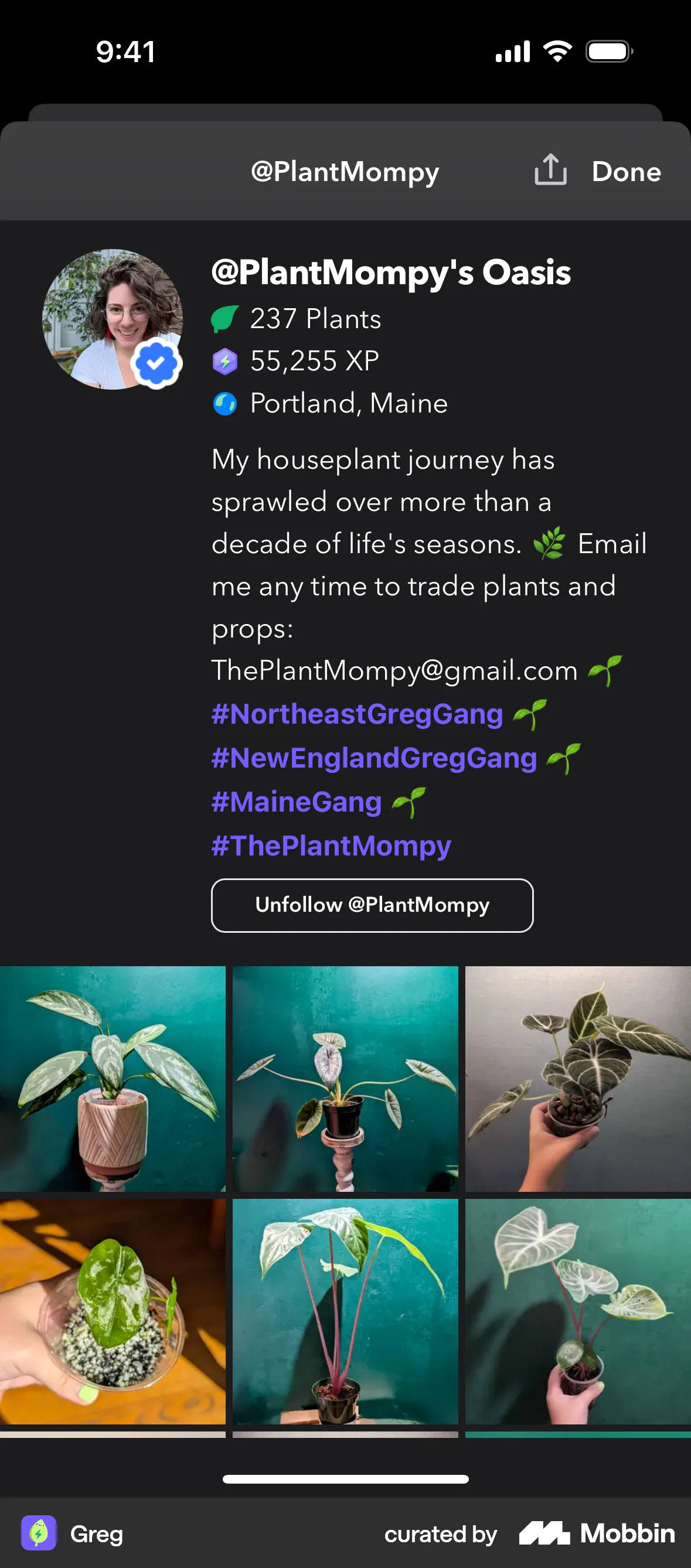 Greg iOS User / Group Profile screen