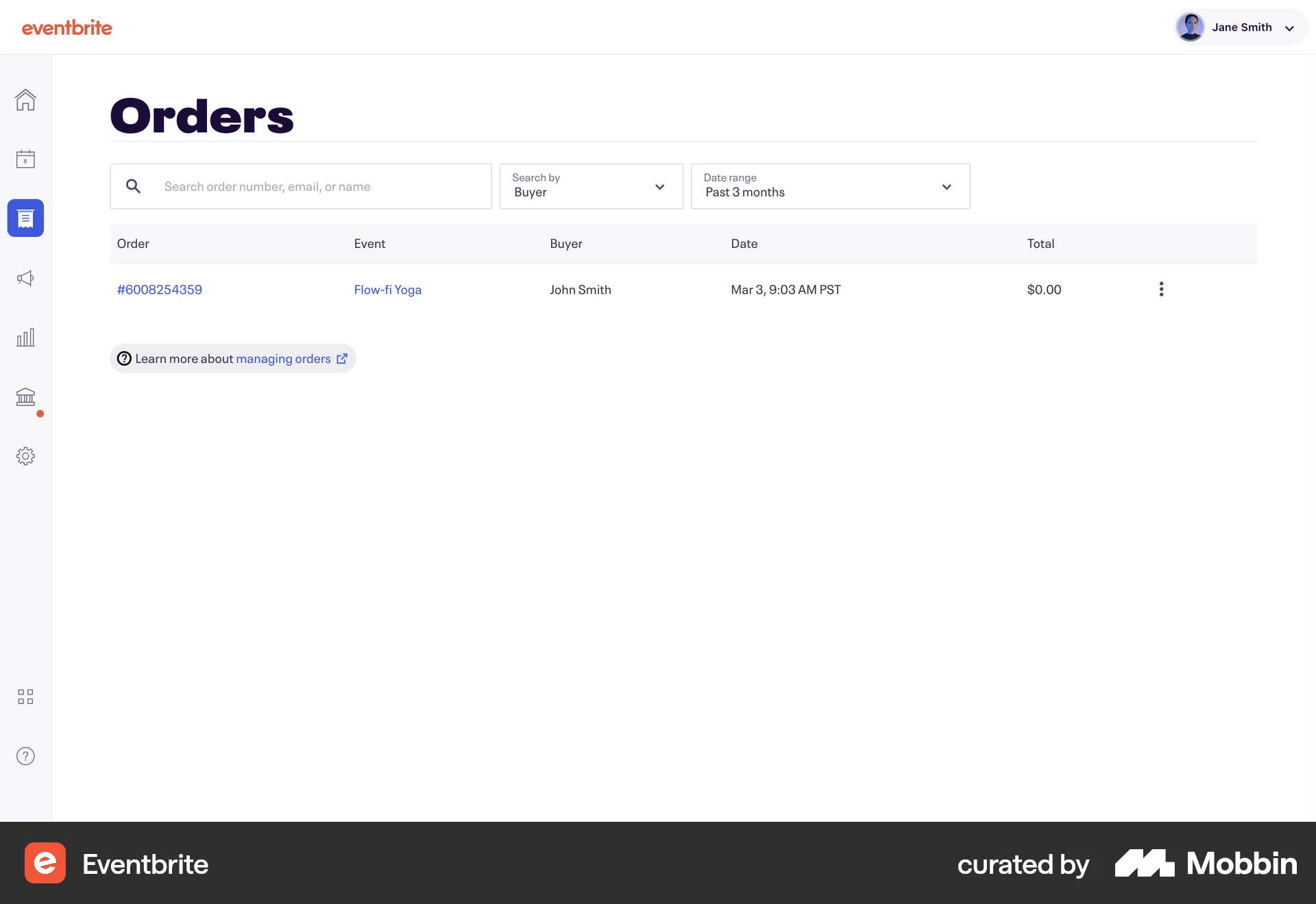 Eventbrite Web Order History screen