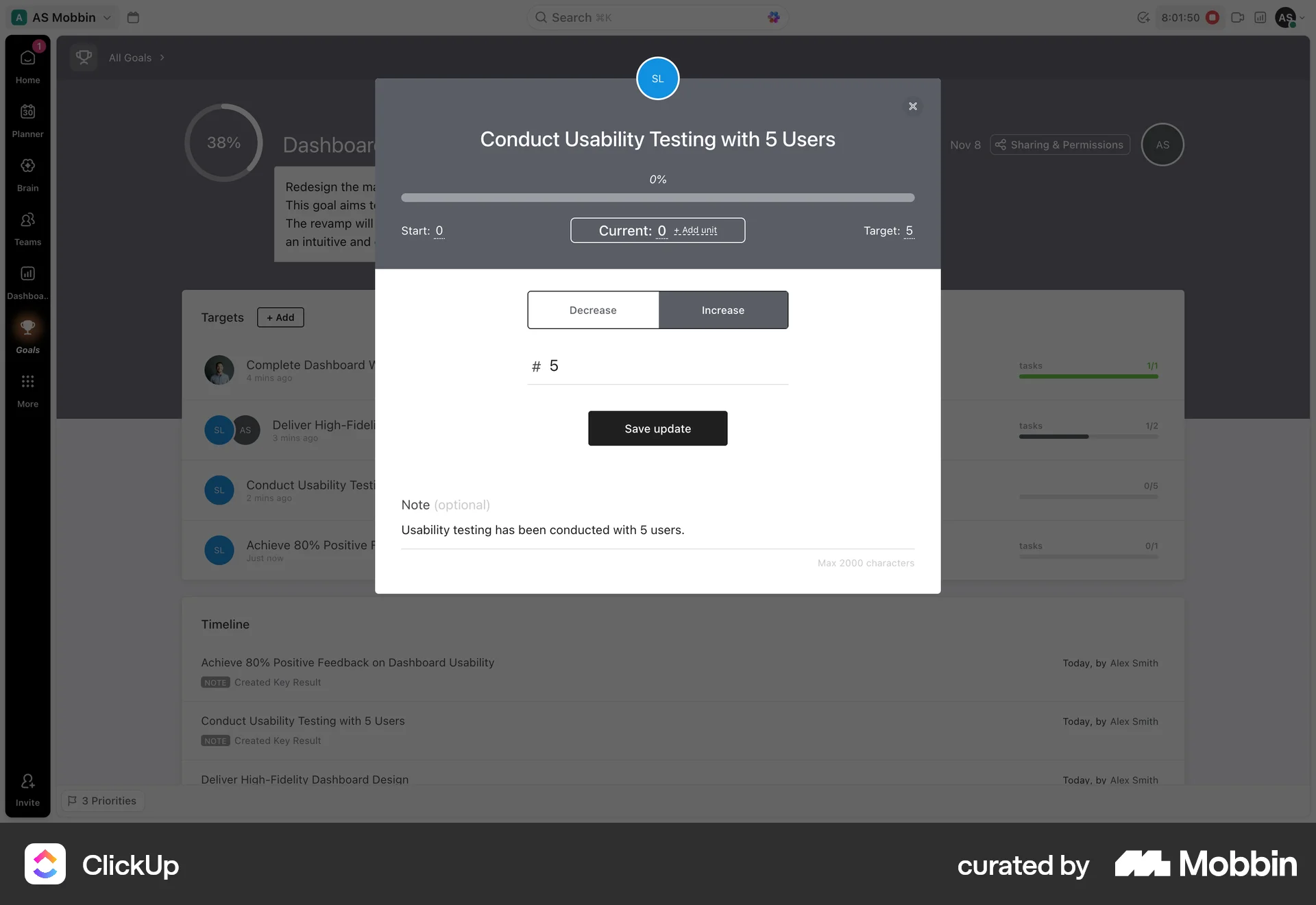 ClickUp Completing a target screen