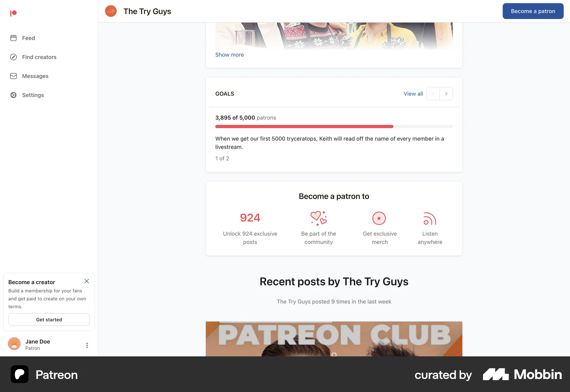 Patreon Web Social Networking App screen
