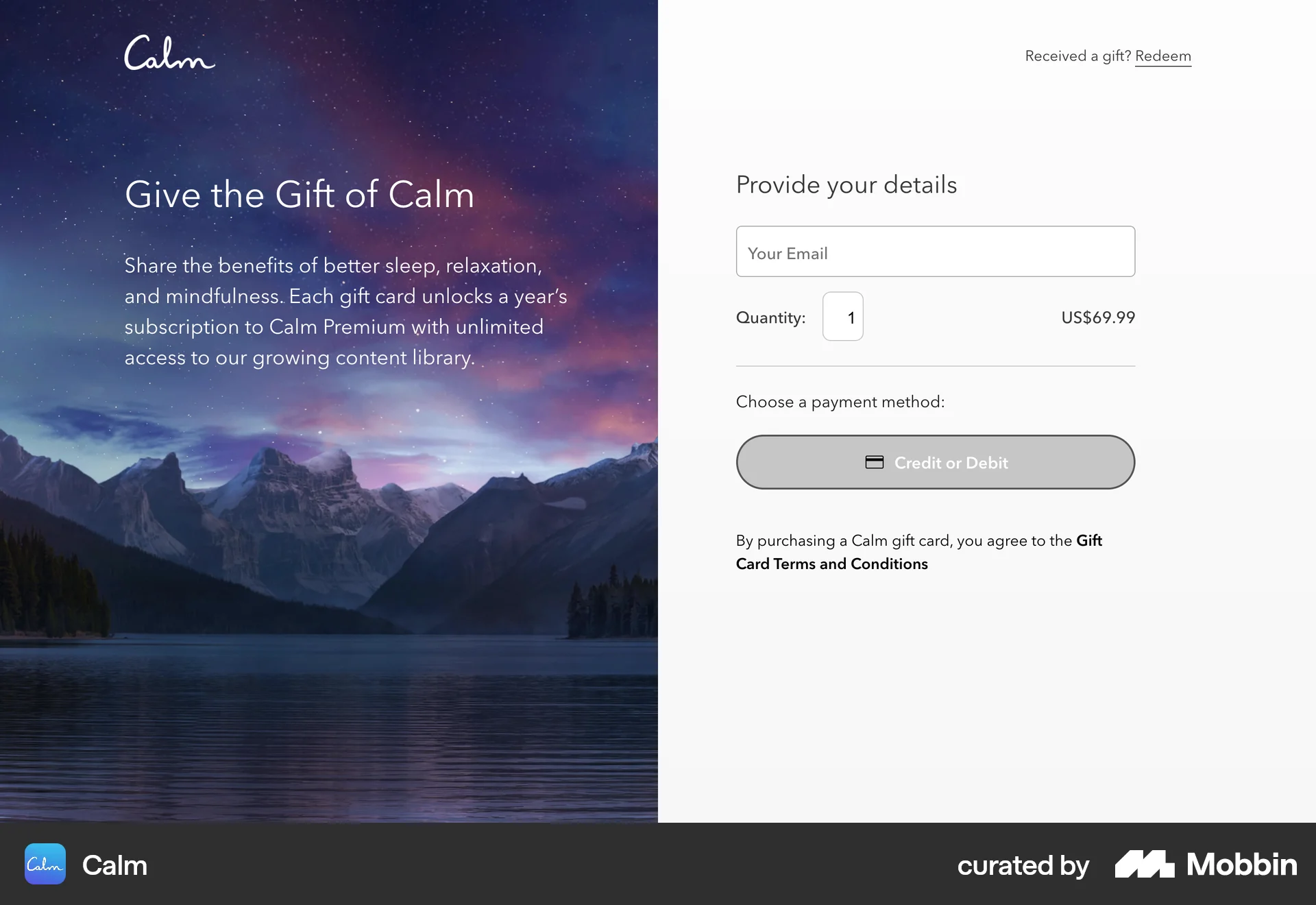 Calm Web Checkout screen