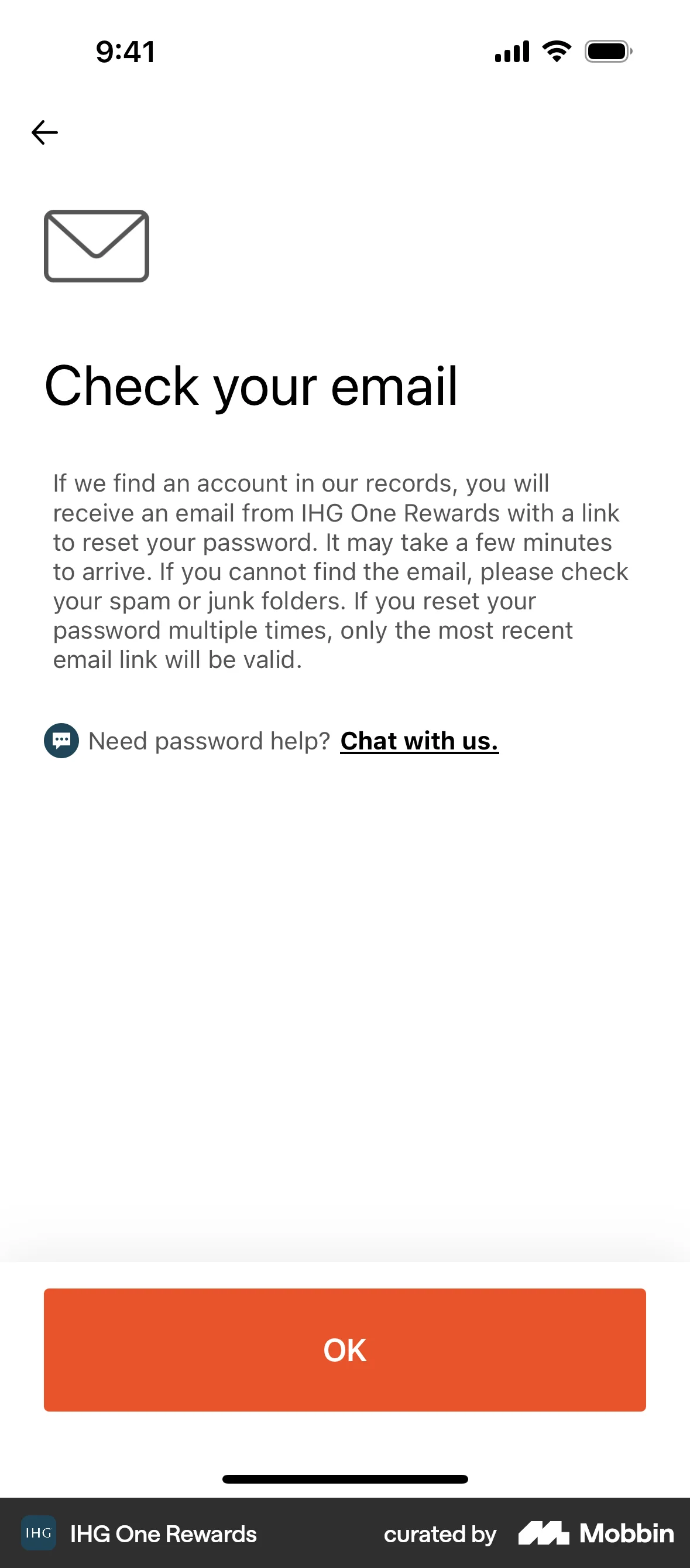 IHG Hotels & Rewards iOS Forgot Password screen