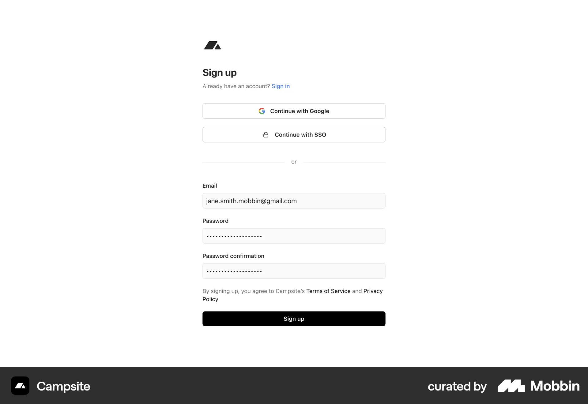 Campsite Web Signup screen