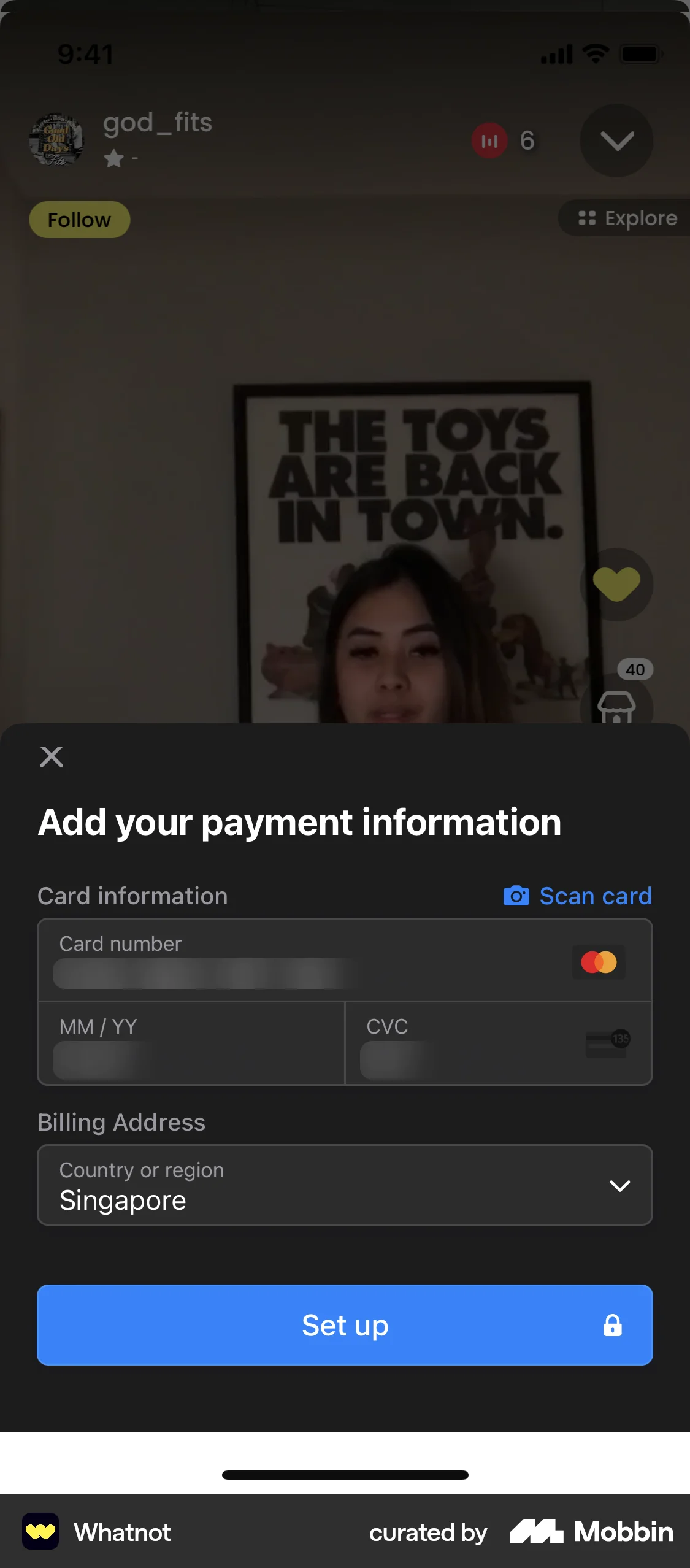 Whatnot iOS Payment Method screen