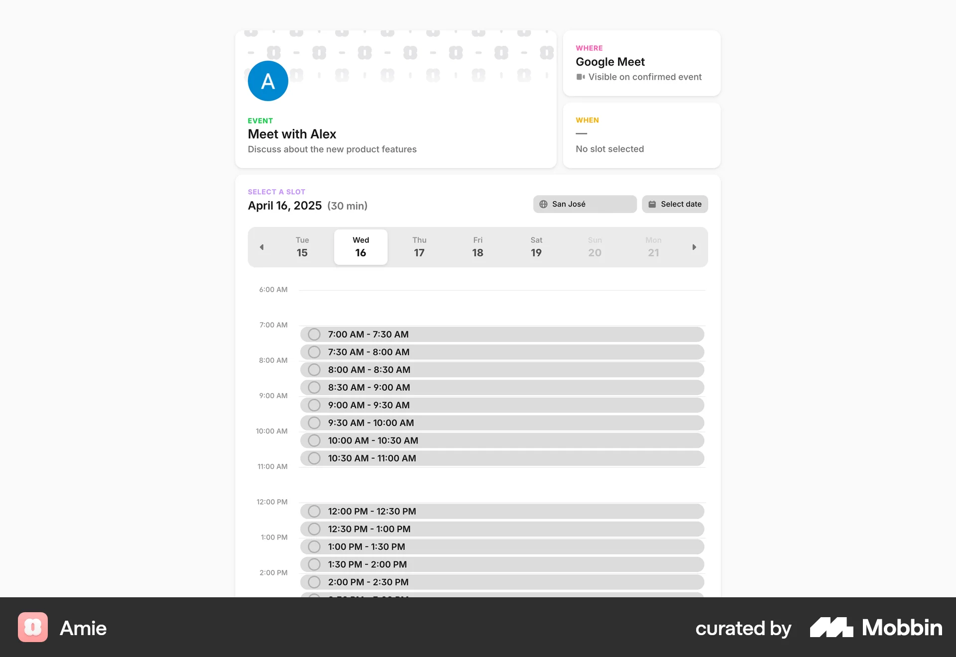 Amie Web screen containing Time Picker UI element