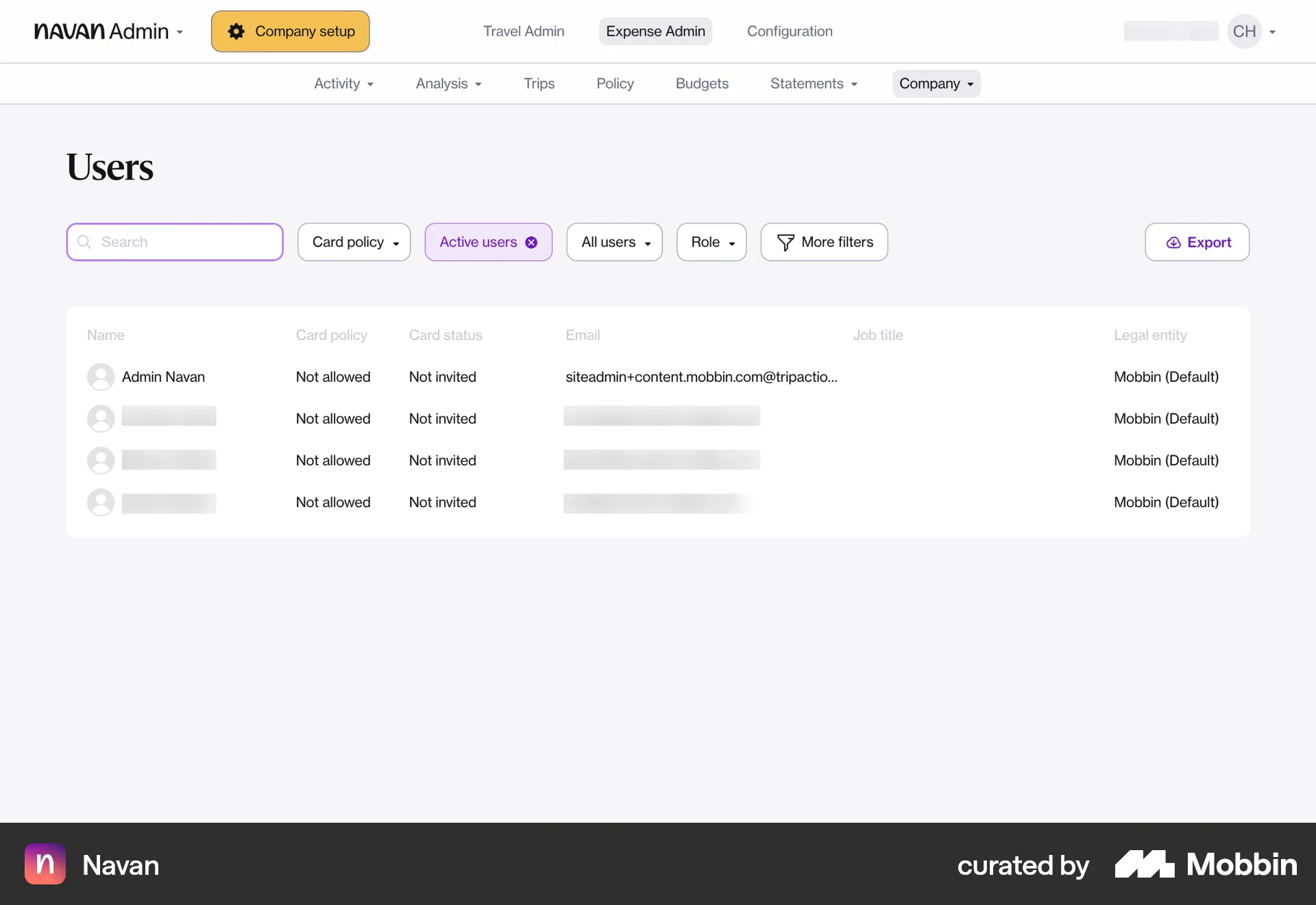 Navan Web Admin UI screen