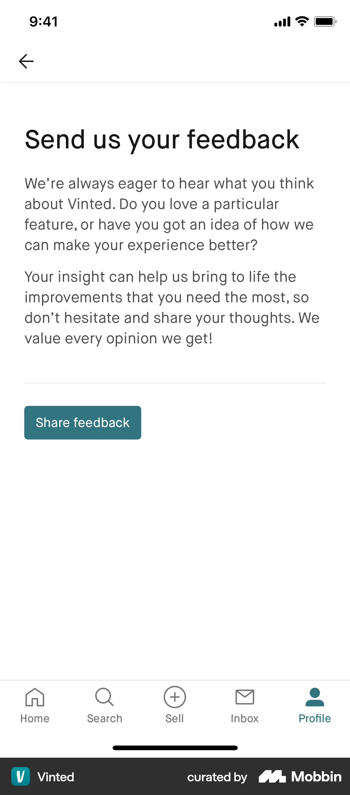 Vinted iOS Feedback screen