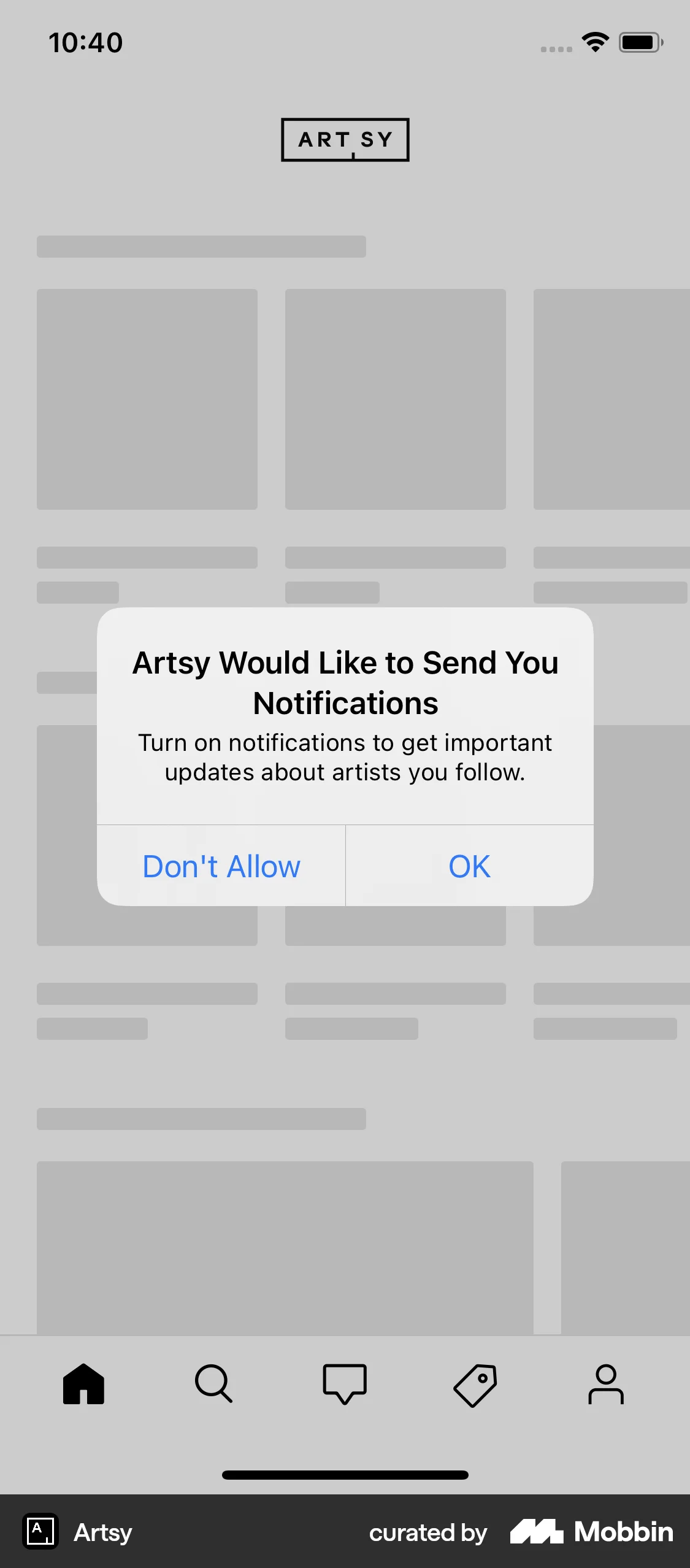Artsy iOS screen containing Dialog UI element