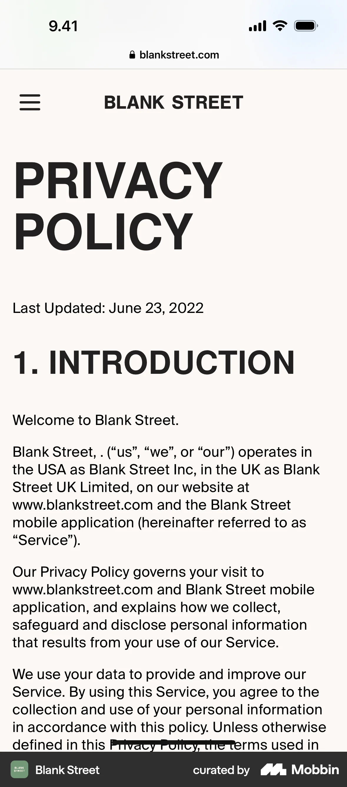 Blank Street iOS Privacy Policy screen