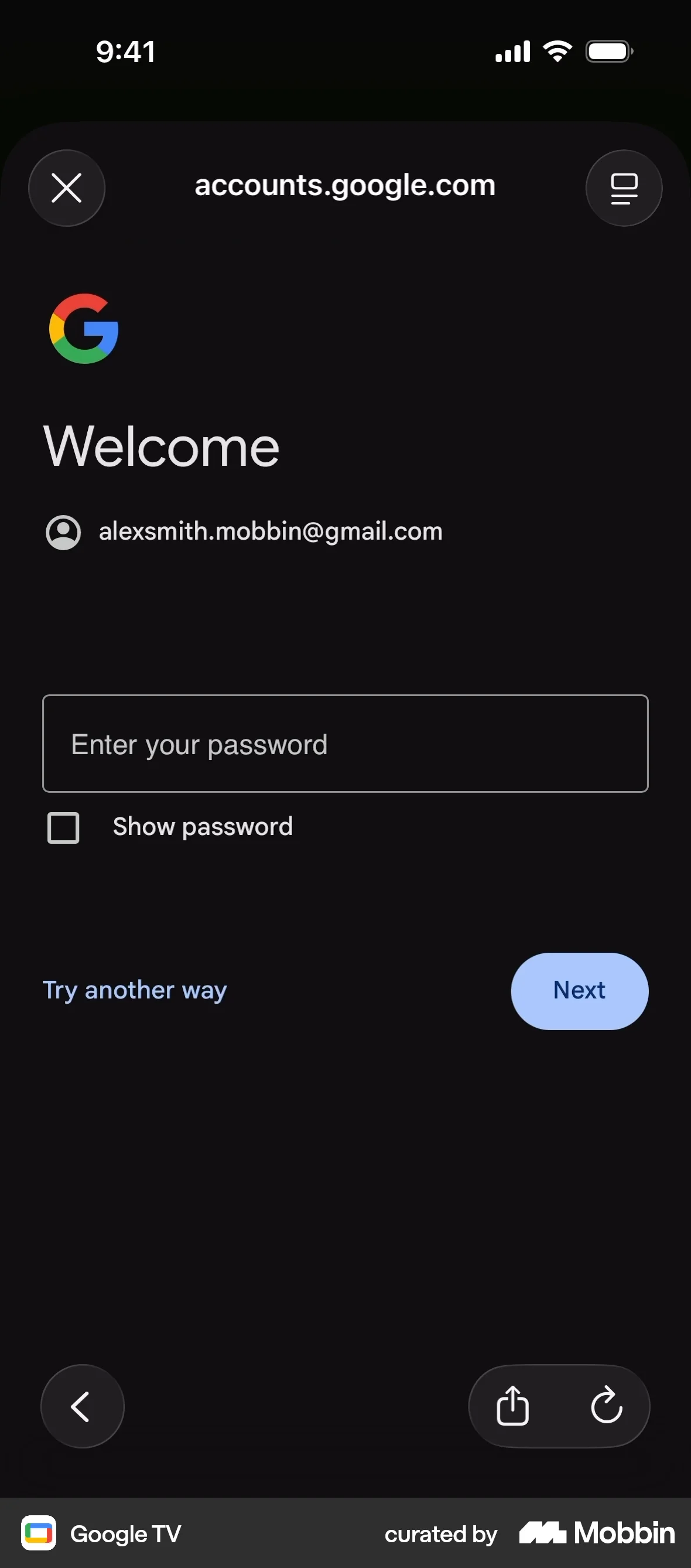 Google TV iOS Login screen