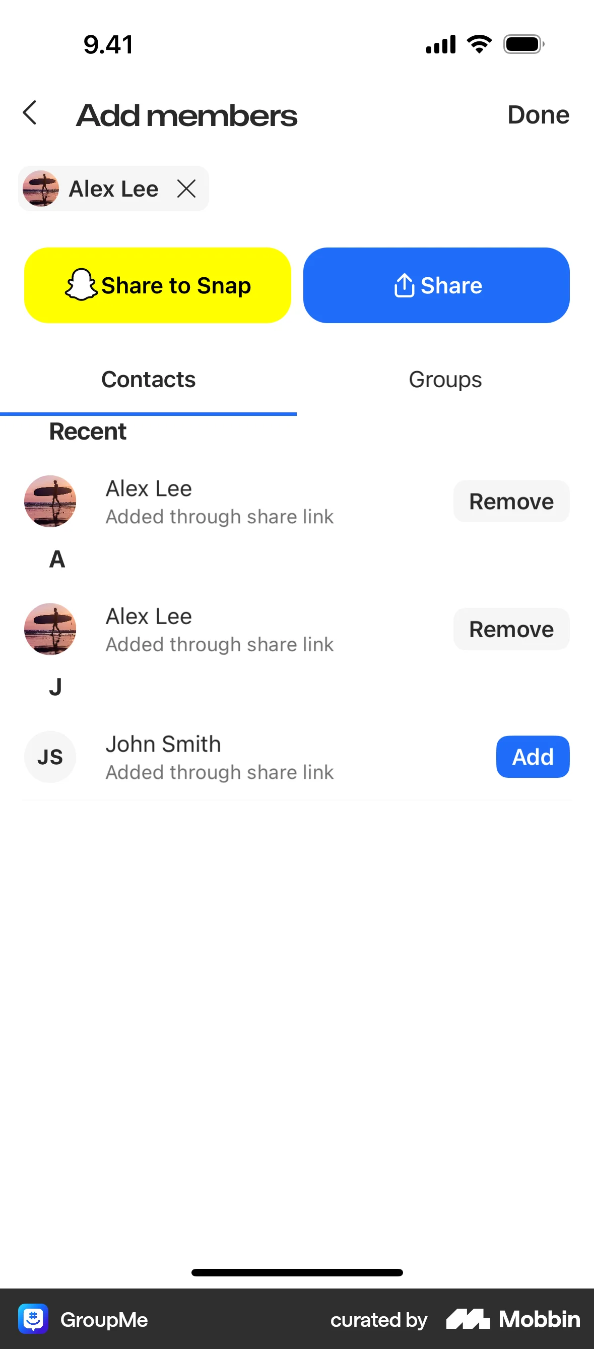 GroupMe iOS Invite Teammates screen