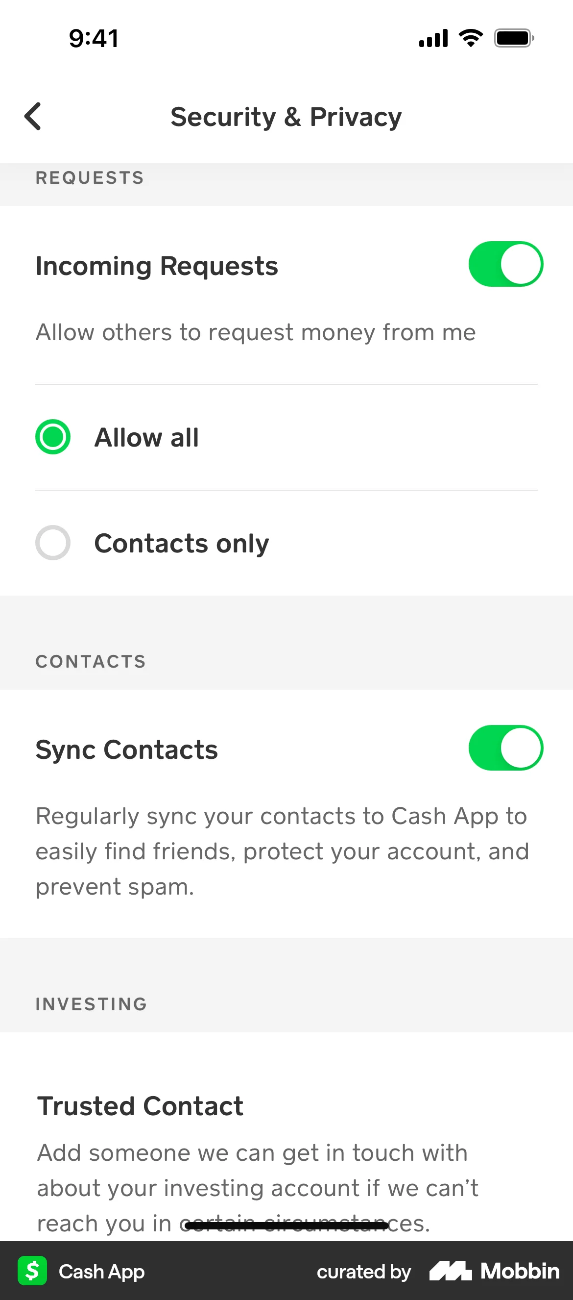 Cash App iOS screen containing Radio Button UI element