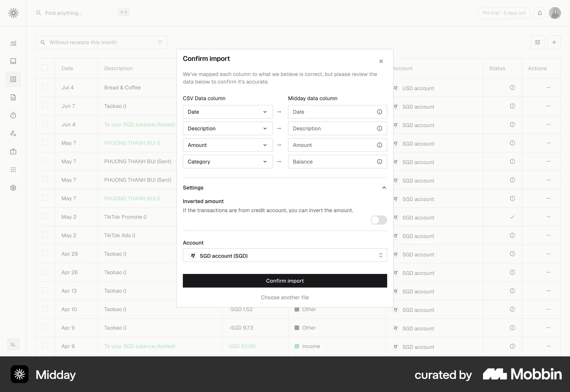 Midday Web Import & Export screen