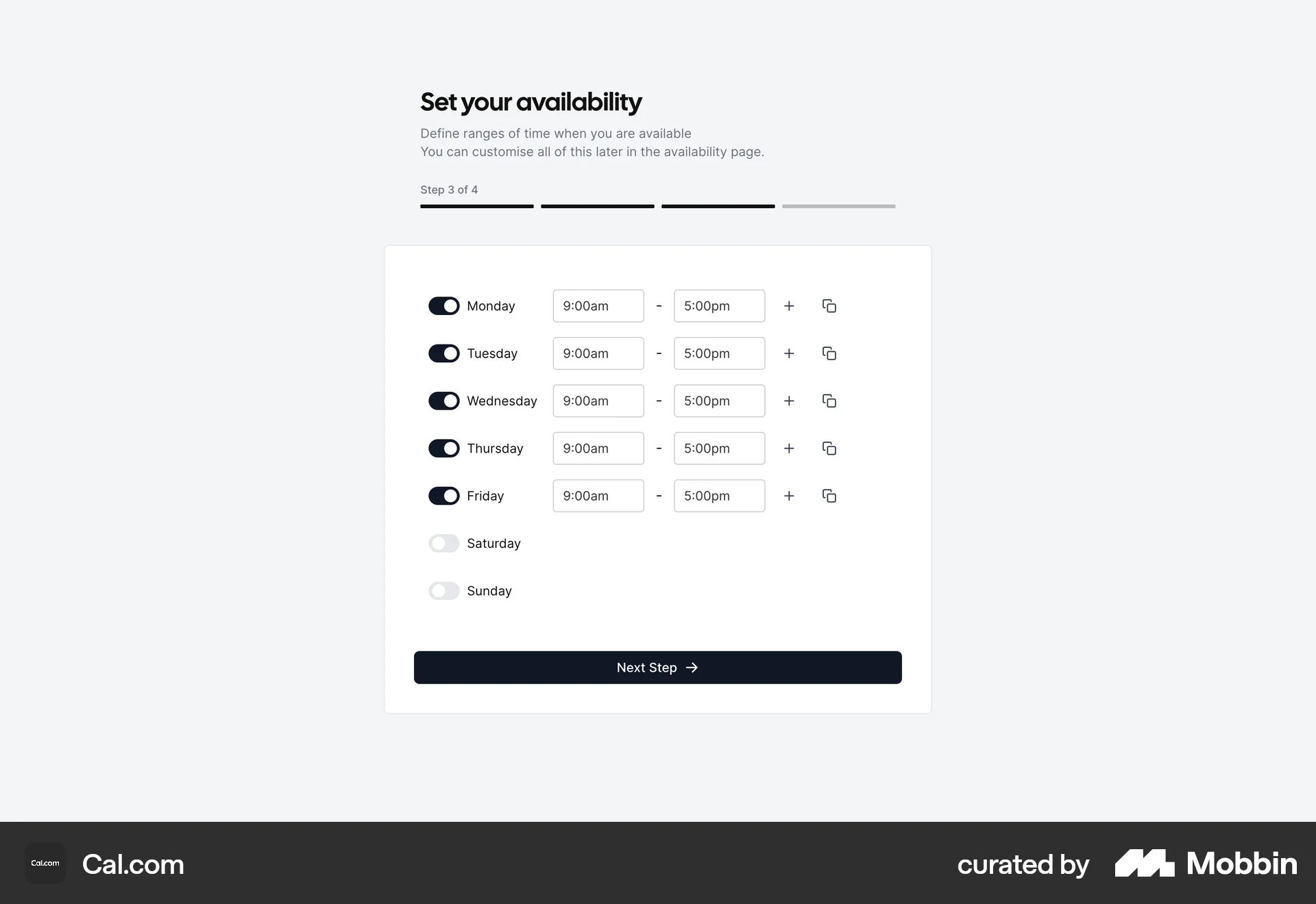 Cal.com Web screen containing Switch UI element