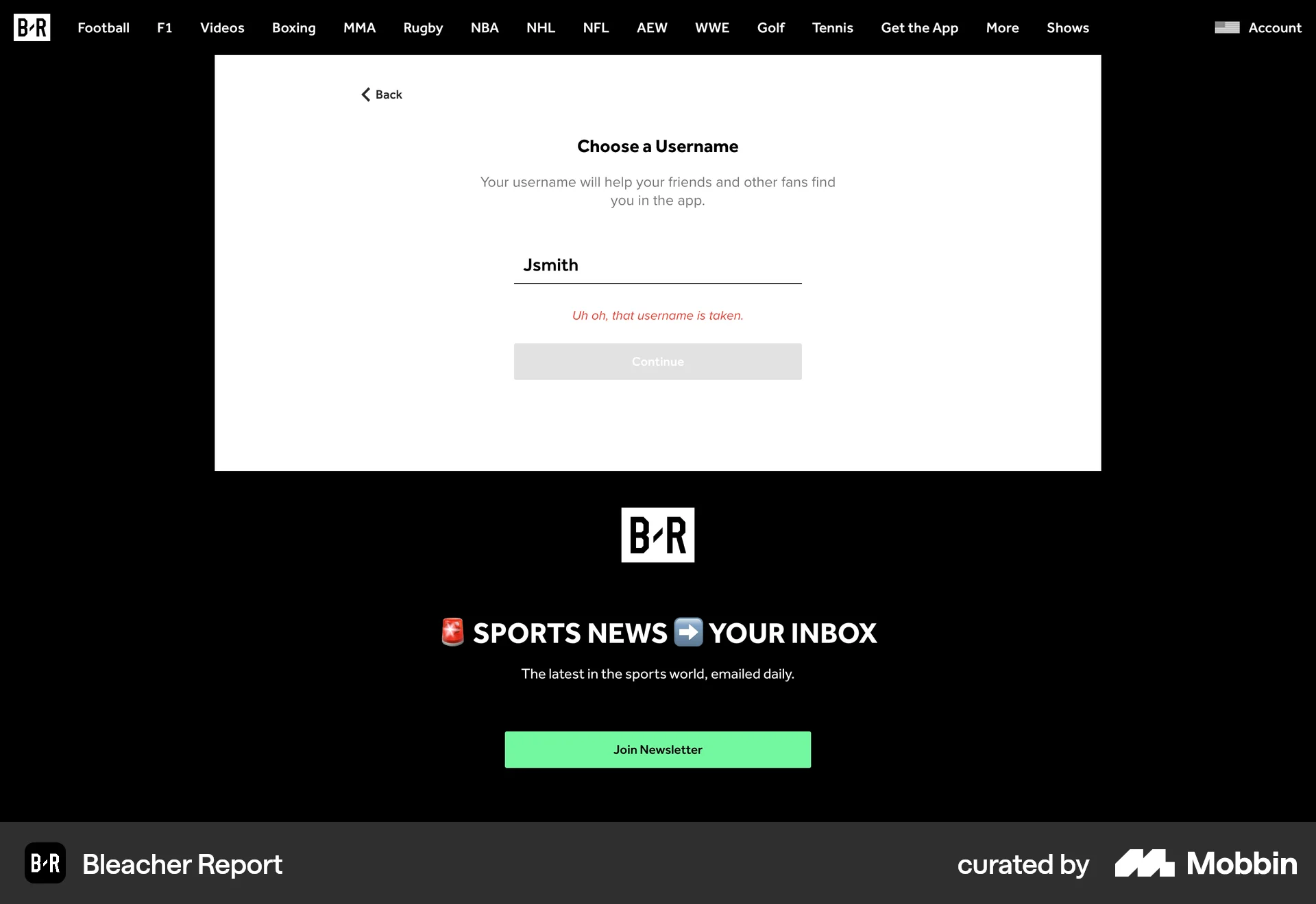 Bleacher Report Web Sports App screen