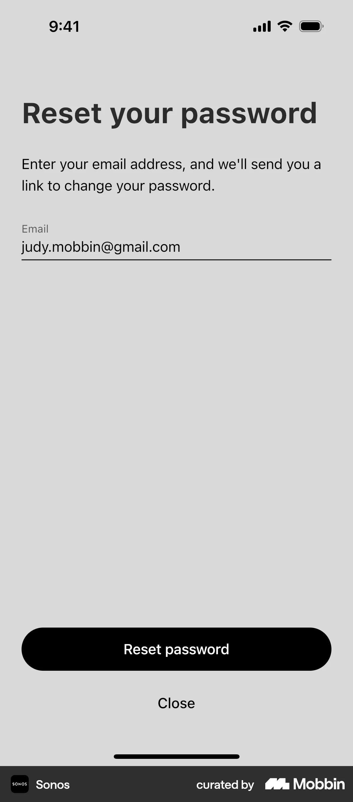 Sonos iOS Forgot Password screen