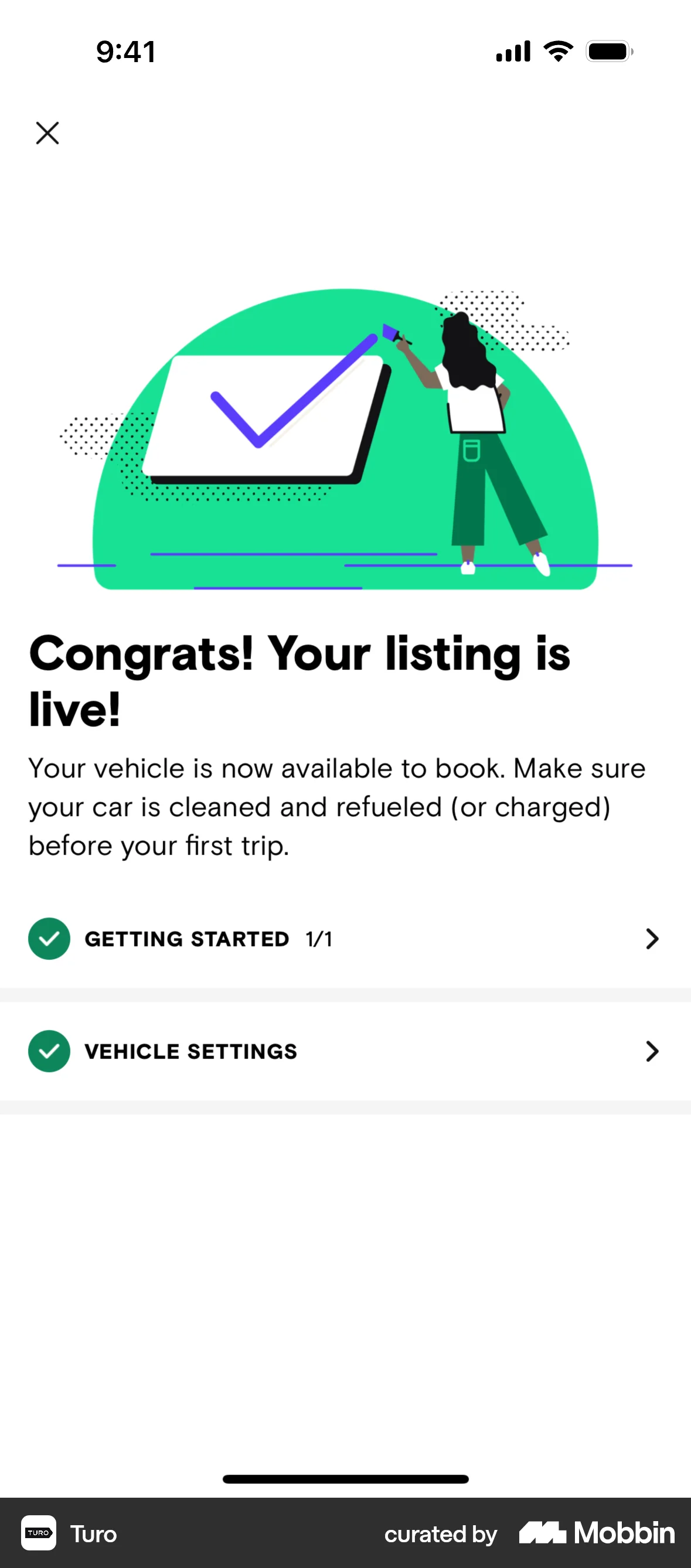 Turo iOS Acknowledgement & Success screen