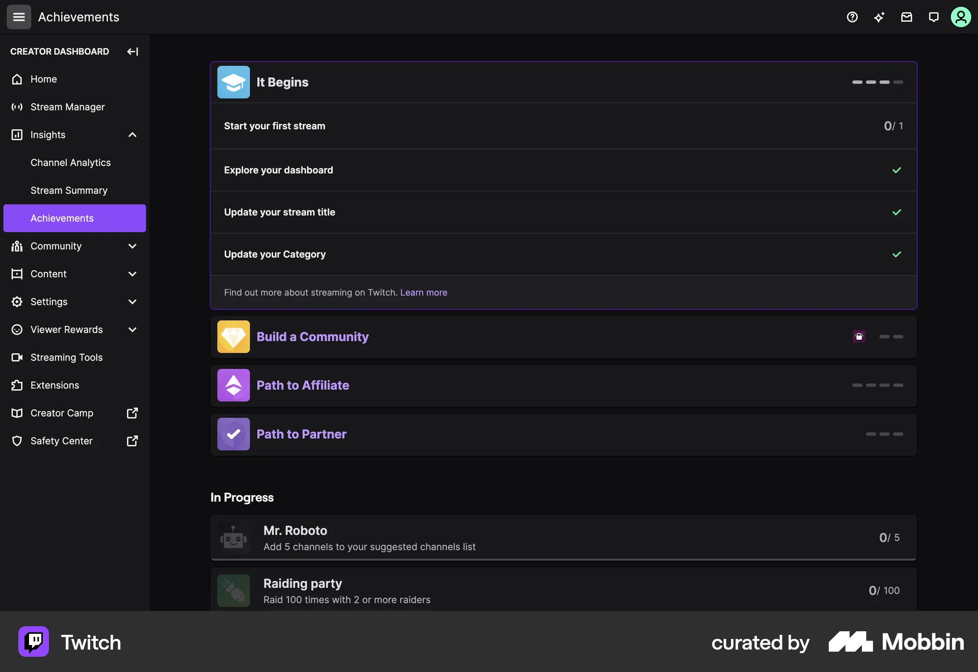 Twitch Web Achievements & Awards screen