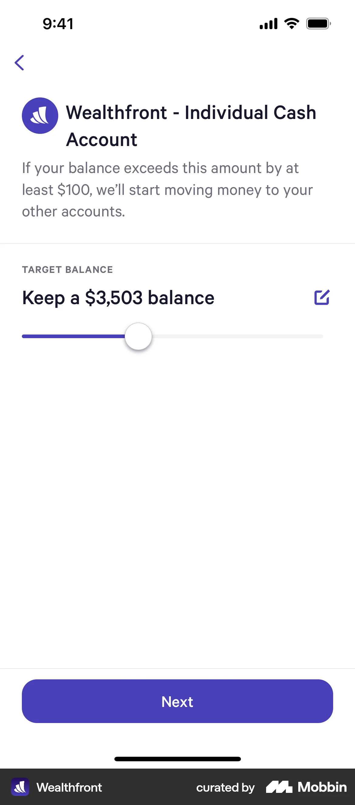 Wealthfront iOS screen containing Slider UI element