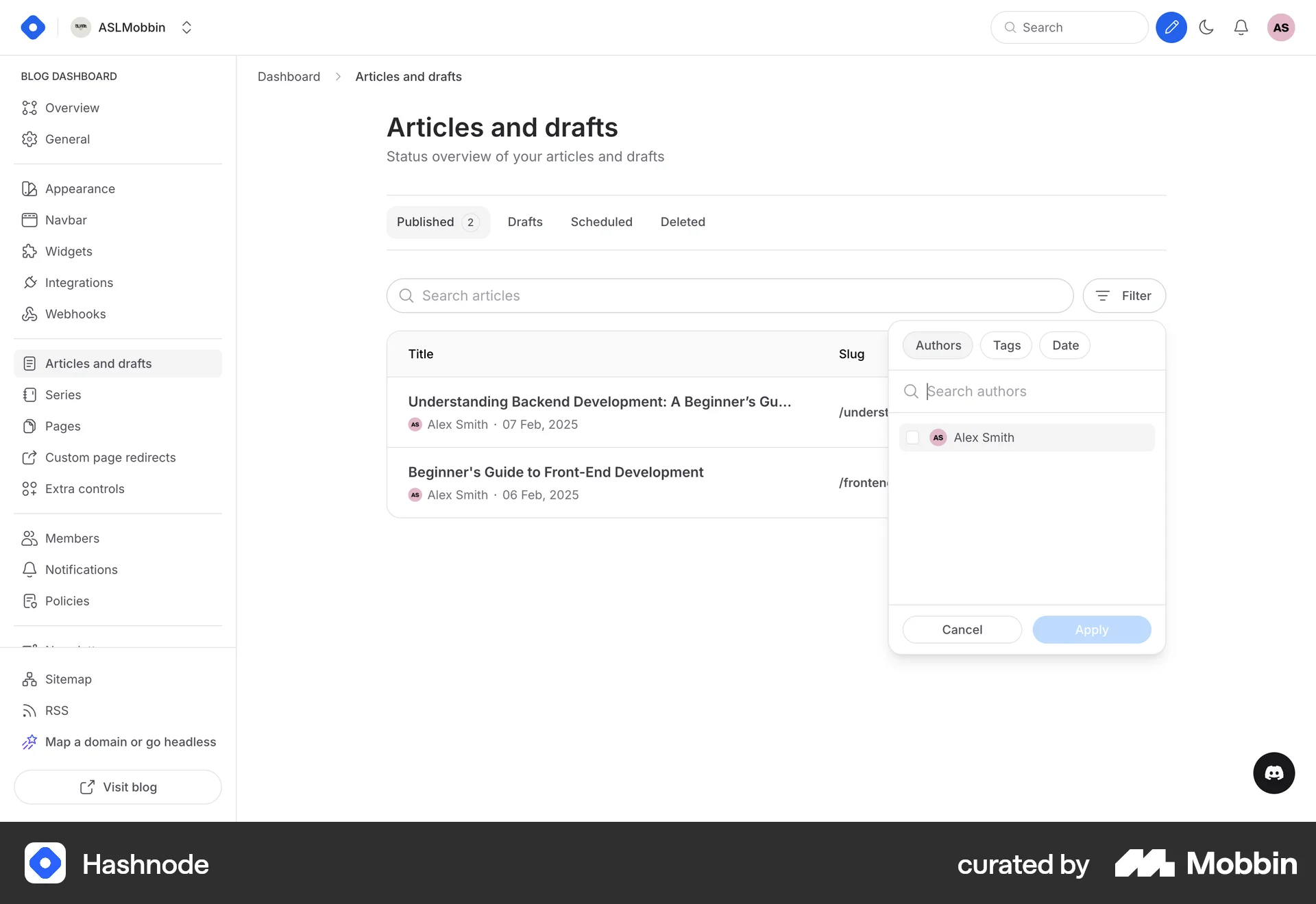 Hashnode Web screen containing Filter Panel UI UI element