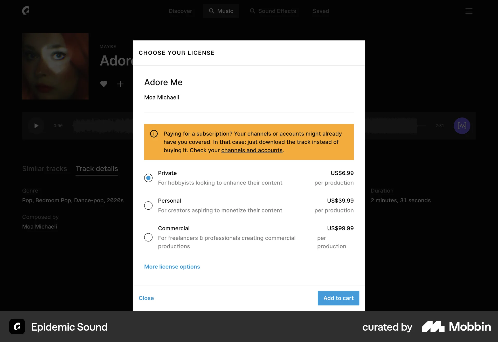 Epidemic Sound Web screen containing Radio Button UI element