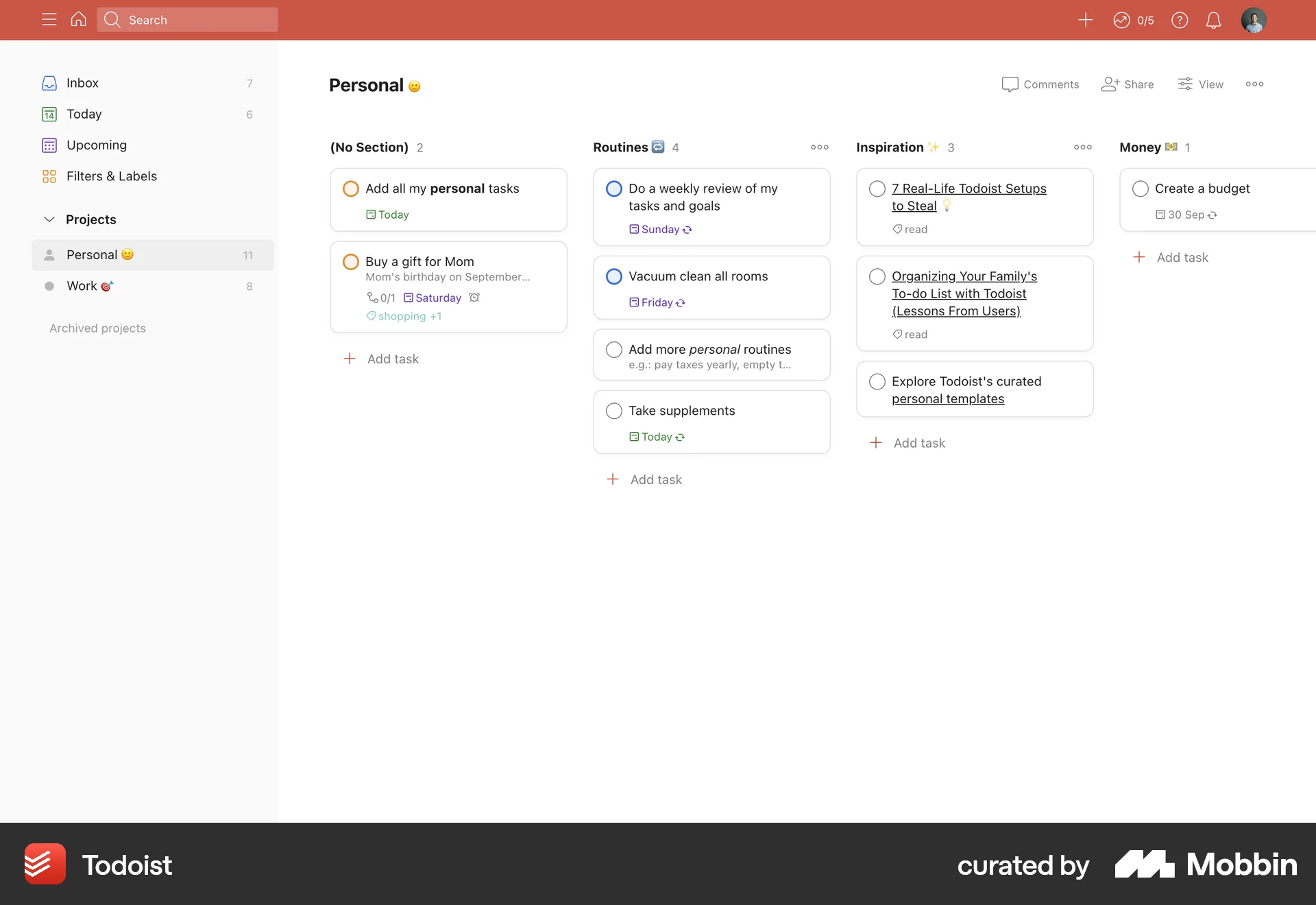 Todoist Web Kanban Board screen