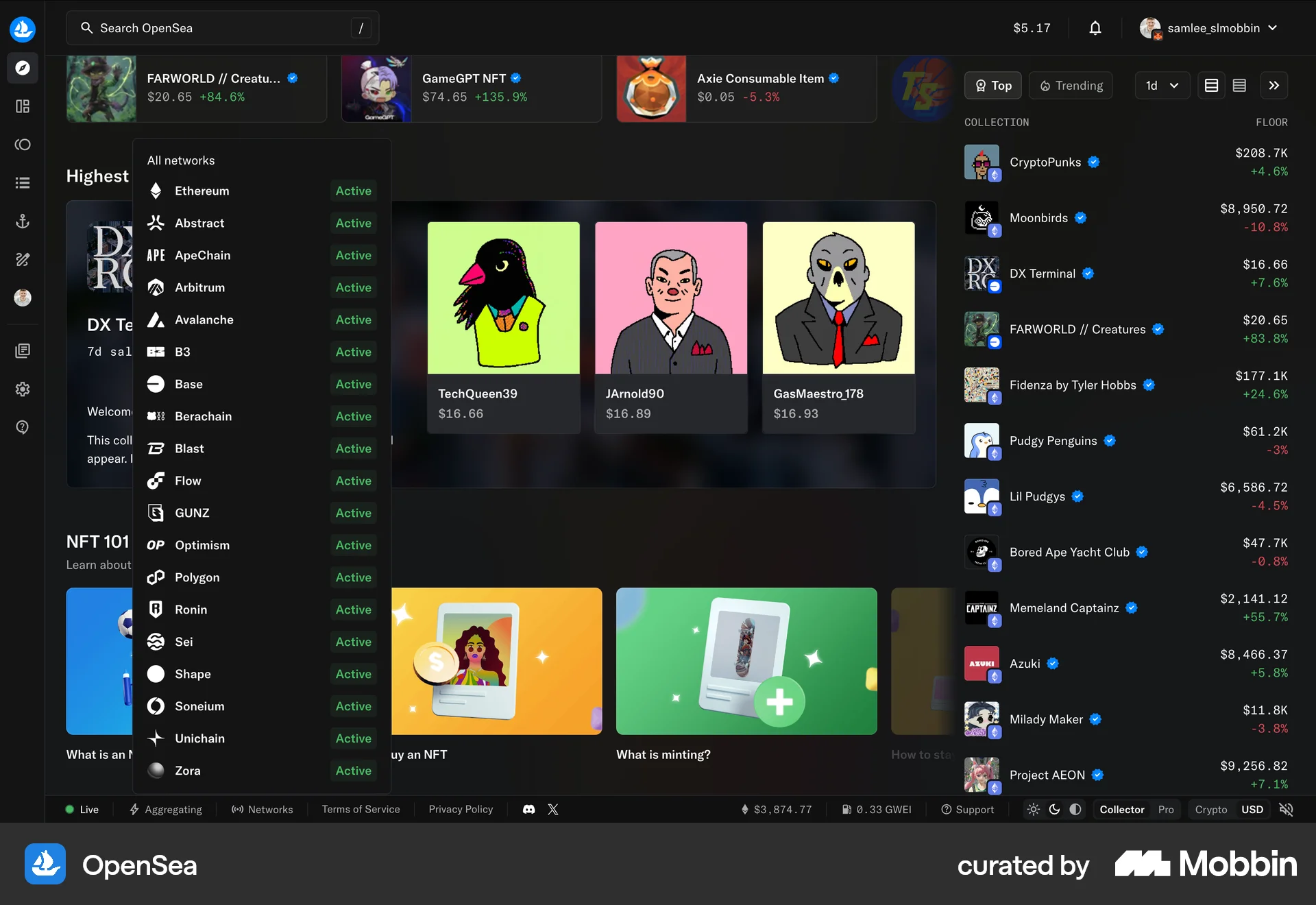 OpenSea Web screen containing Dropdown Menu UI element