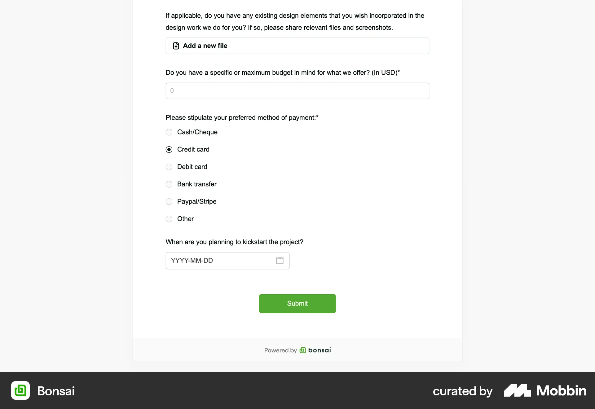 Bonsai Web Web Form UI screen