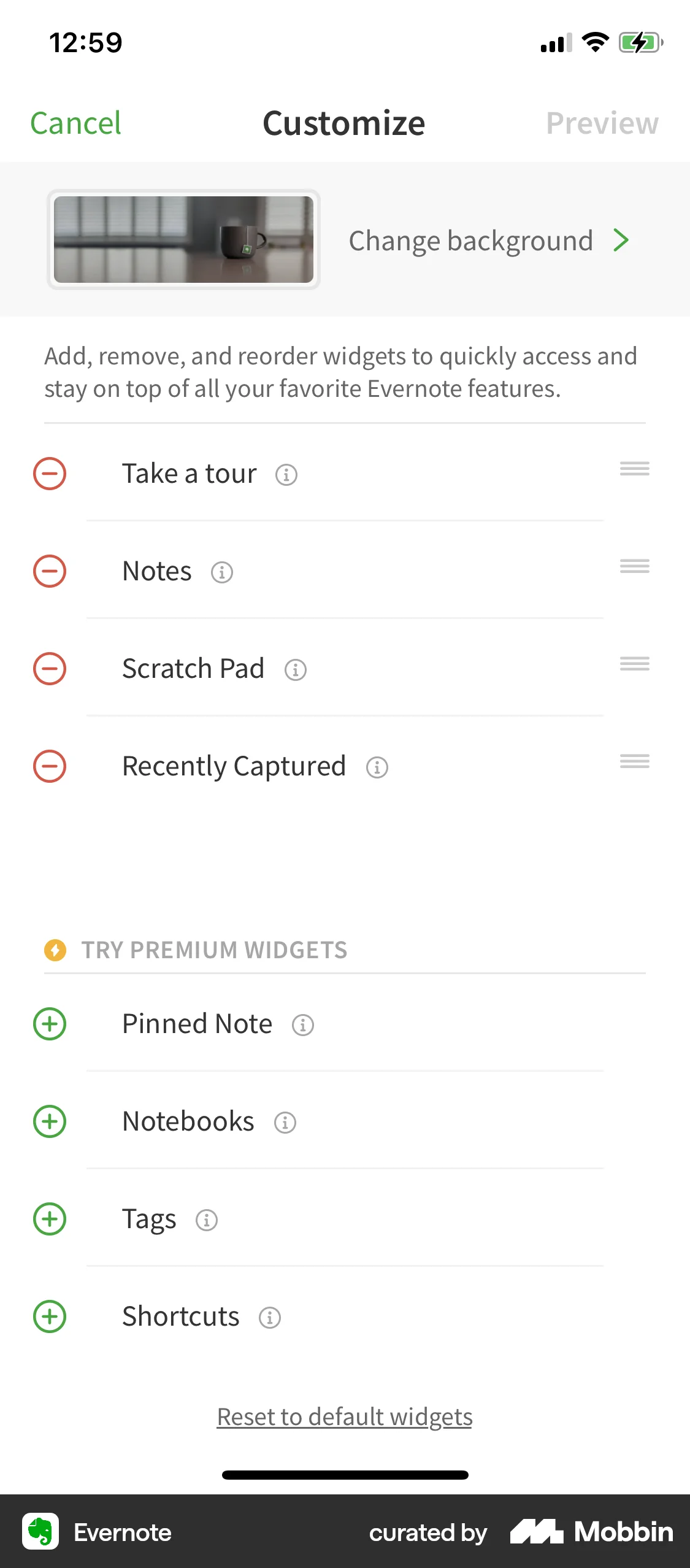 Evernote iOS Reorder screen