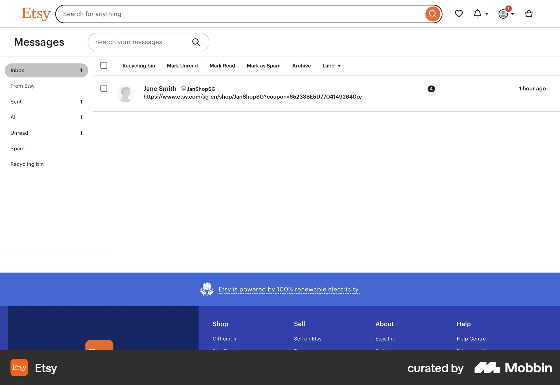 Etsy Web Emails & Messages screen